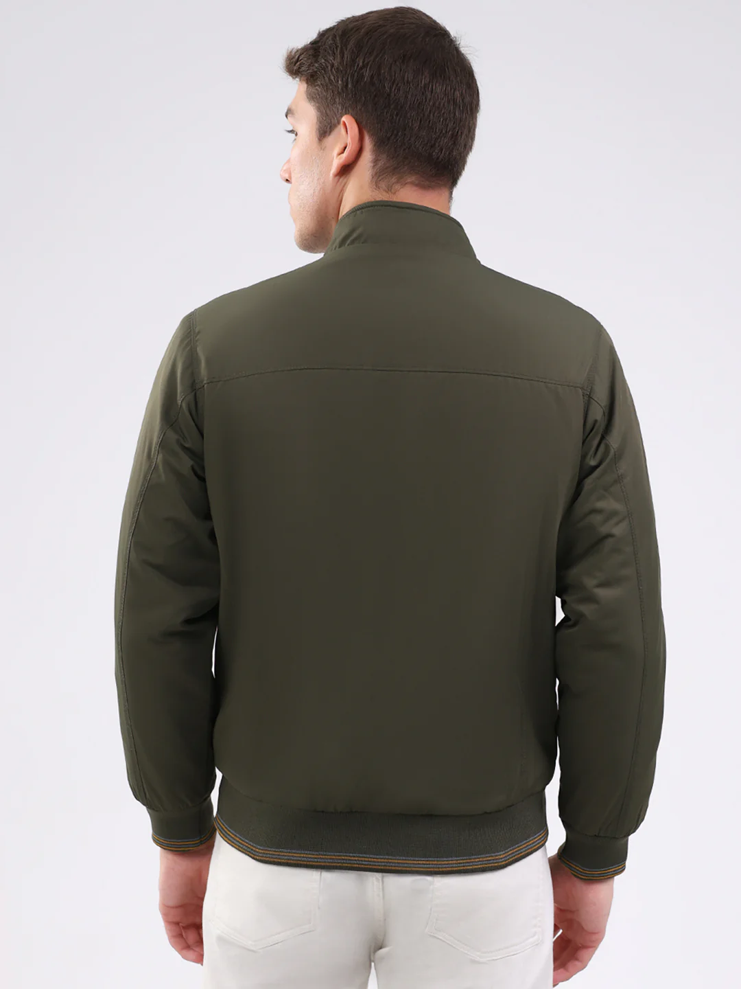 Men Olive Solid Mock Neck Full Sleeve Jacket - Image 5