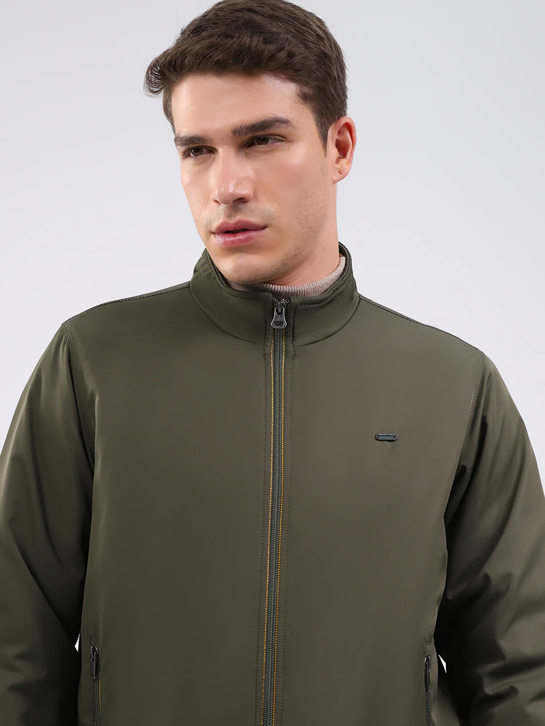 Men Olive Solid Mock Neck Full Sleeve Jacket - Image 6