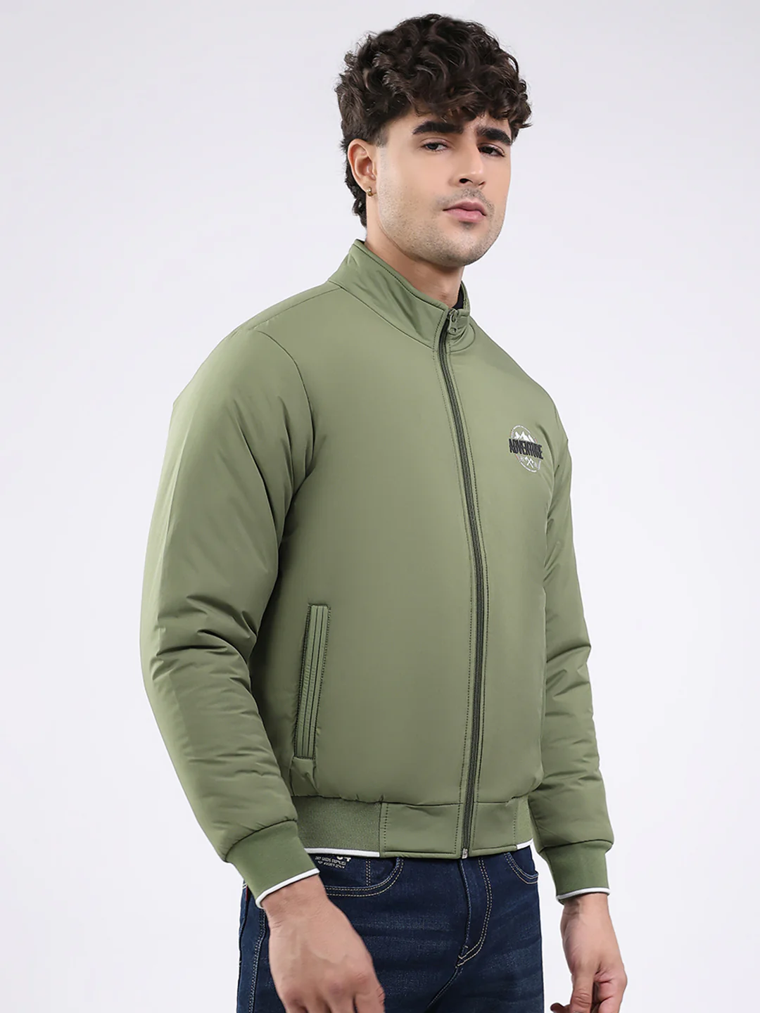 Men Olive Solid Mock Neck Full Sleeve Jacket - Image 4