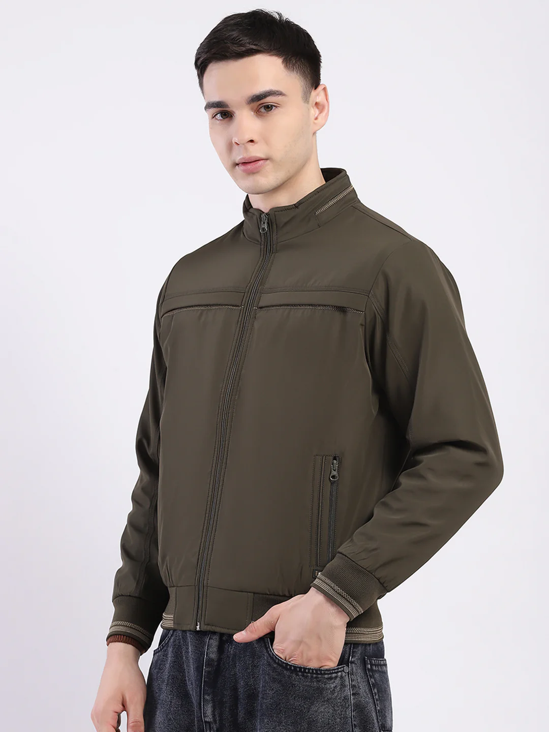 Men Olive Solid Mock Neck Full Sleeve Jacket - Image 3