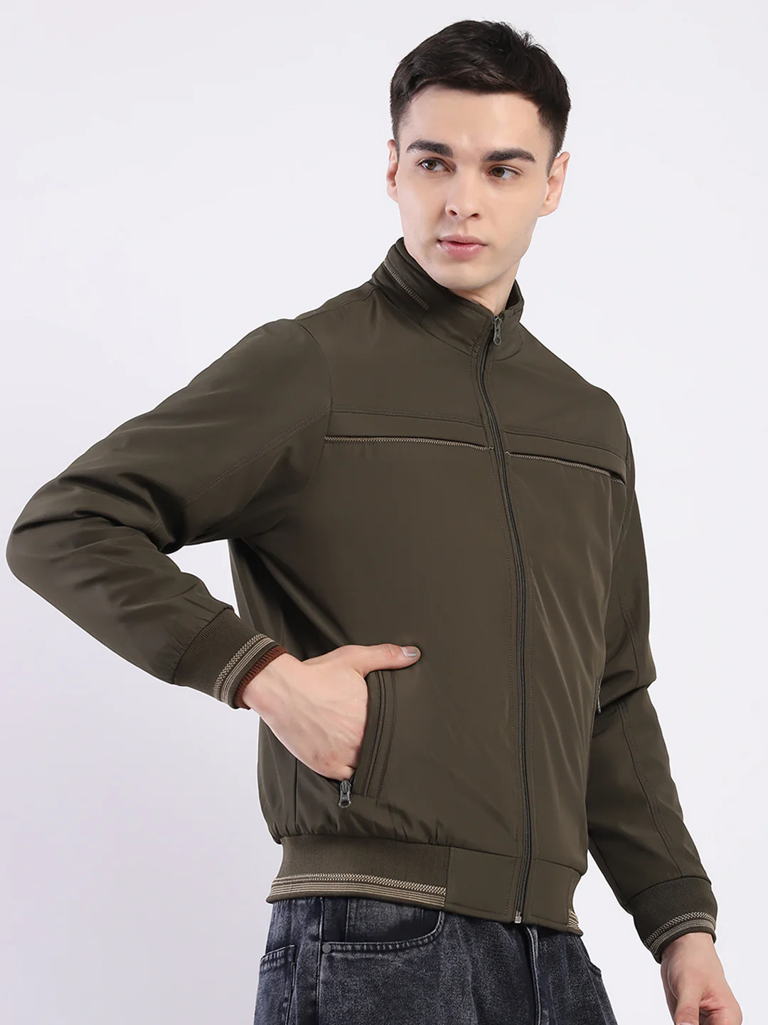 Men Olive Solid Mock Neck Full Sleeve Jacket - Image 4
