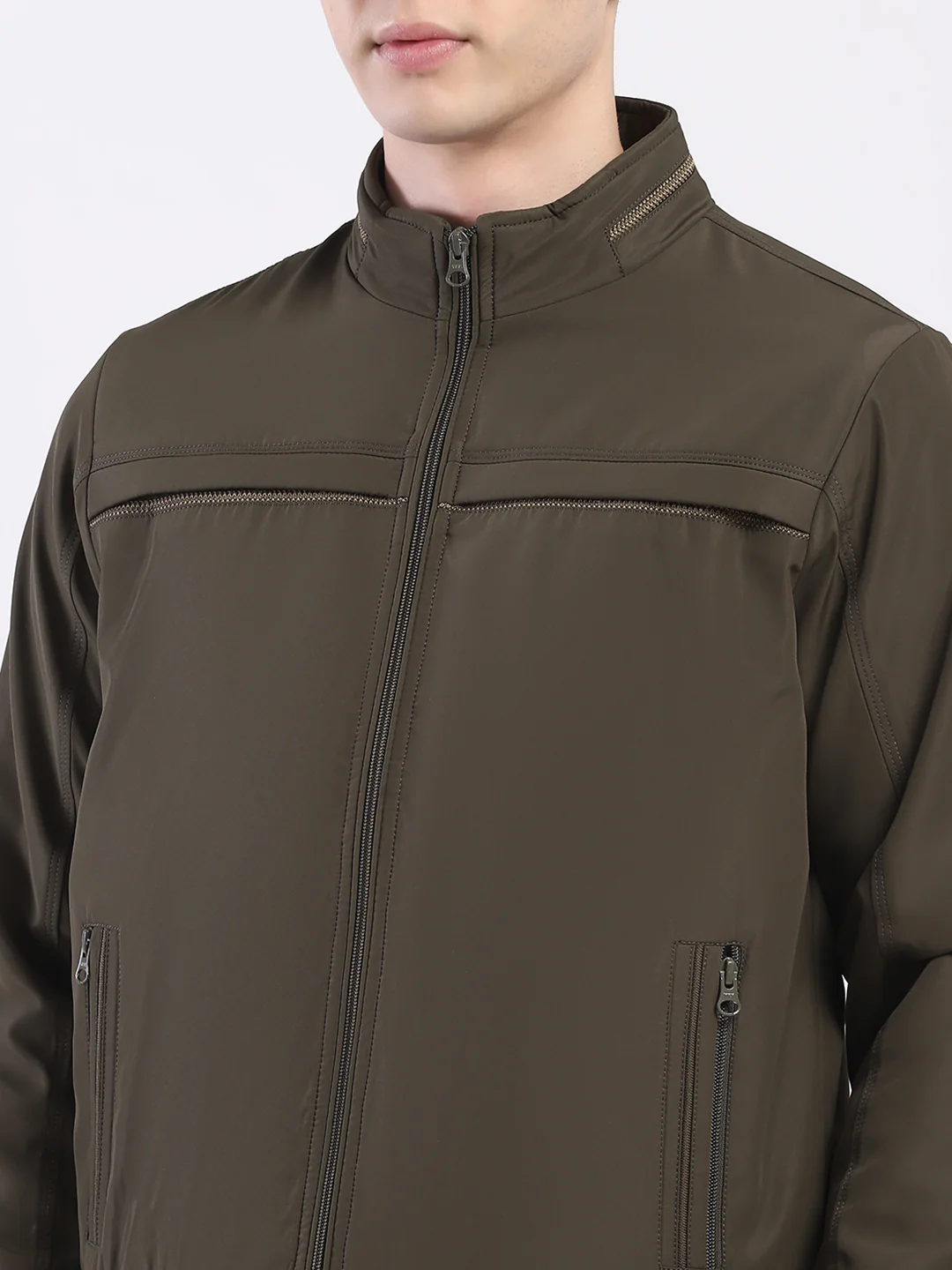 Men Olive Solid Mock Neck Full Sleeve Jacket - Image 6