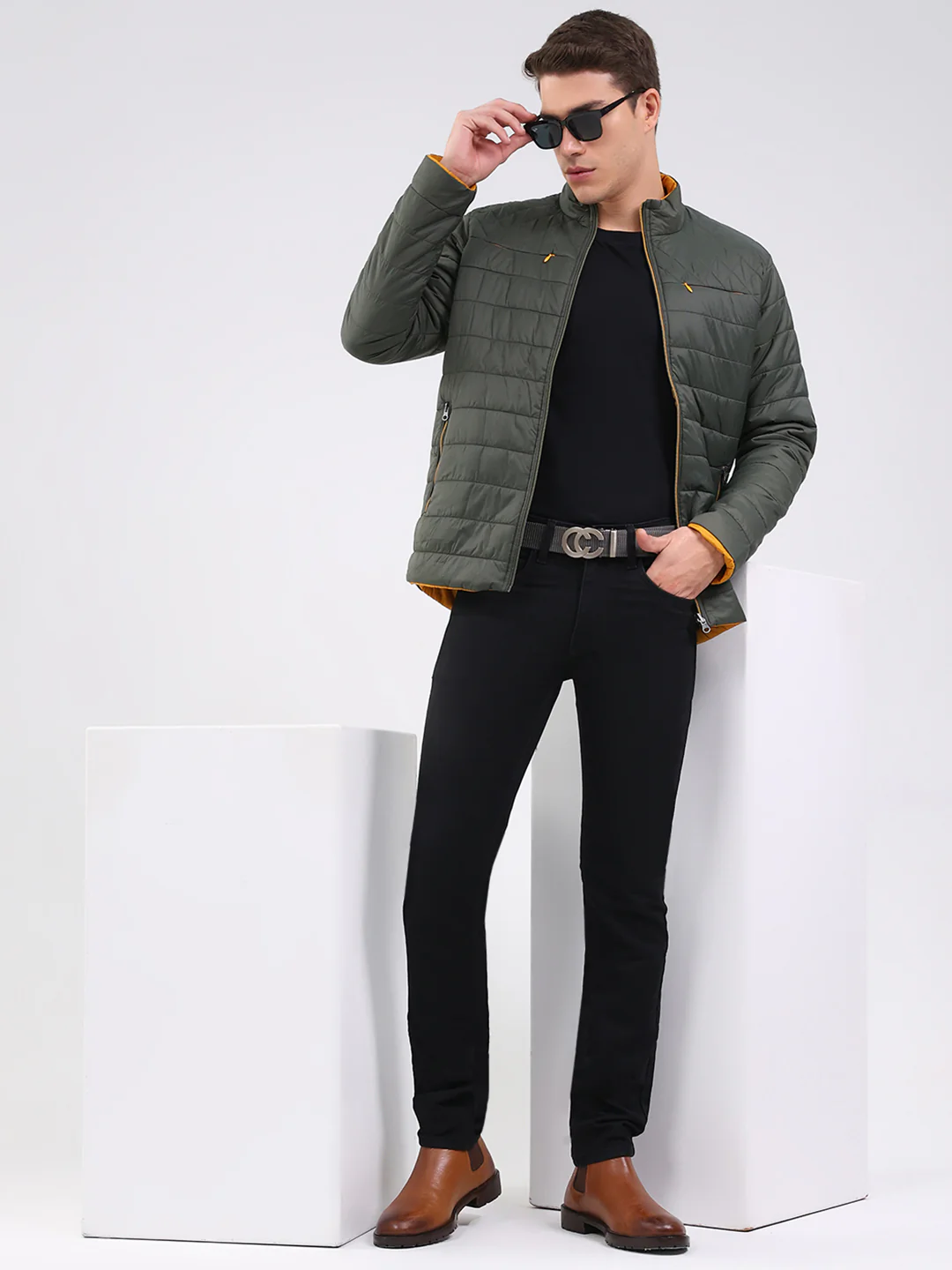 Men Olive Solid Mock Neck Full Sleeve Jacket - Image 2