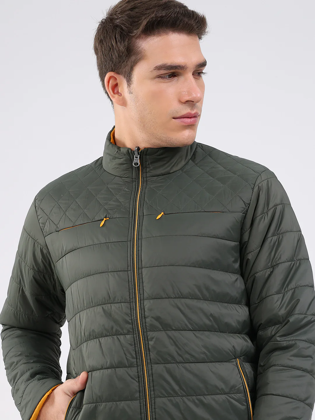 Men Olive Solid Mock Neck Full Sleeve Jacket - Image 9