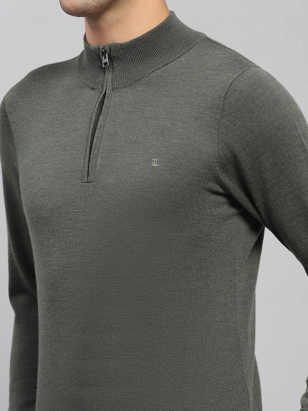 Men Olive Solid Mock Neck Full Sleeve Pullover - Image 6