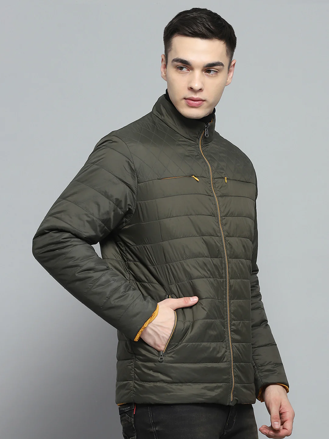 Men Olive Solid Mock Neck Full Sleeve Reversible Jacket - Image 4
