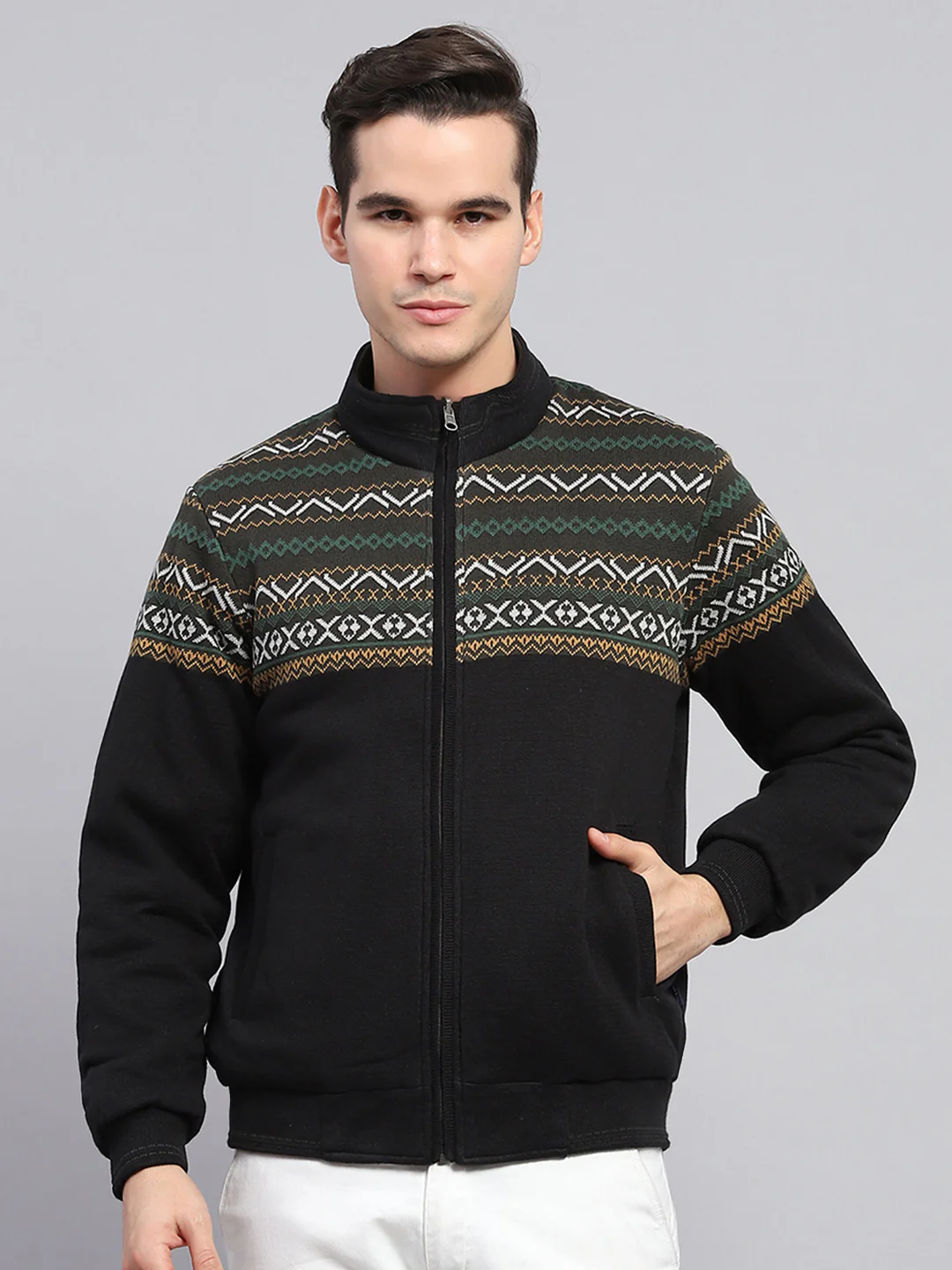 Men Olive Solid Mock Neck Full Sleeve Reversible Jacket - Image 6