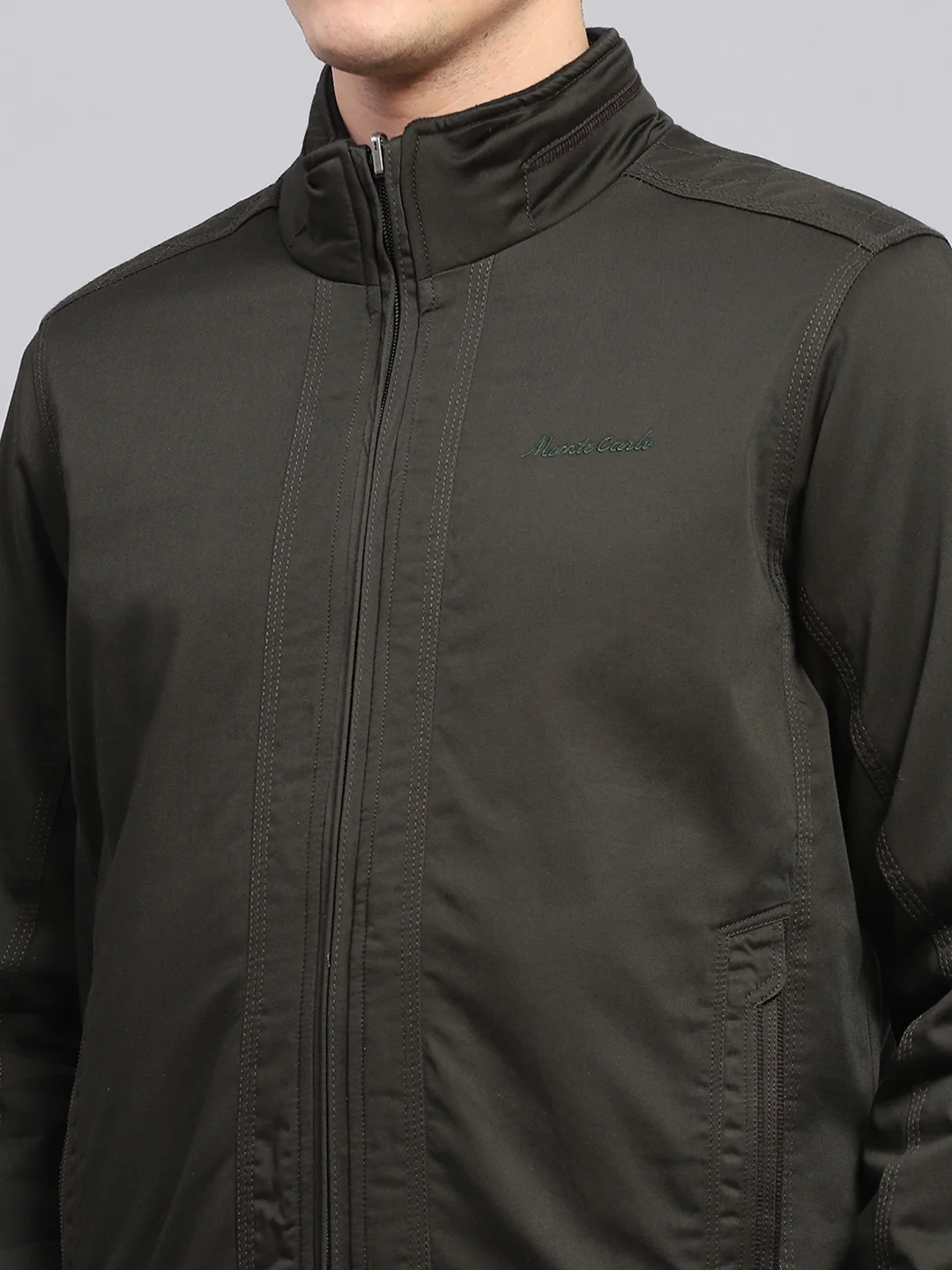 Men Olive Solid Mock Neck Full Sleeve Reversible Jacket - Image 9