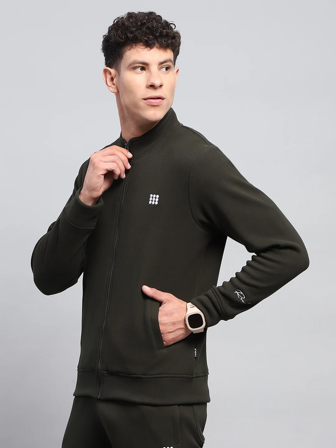 Rock.it Men Olive Solid Mock Neck Full Sleeve Sweatshirt - Image 3