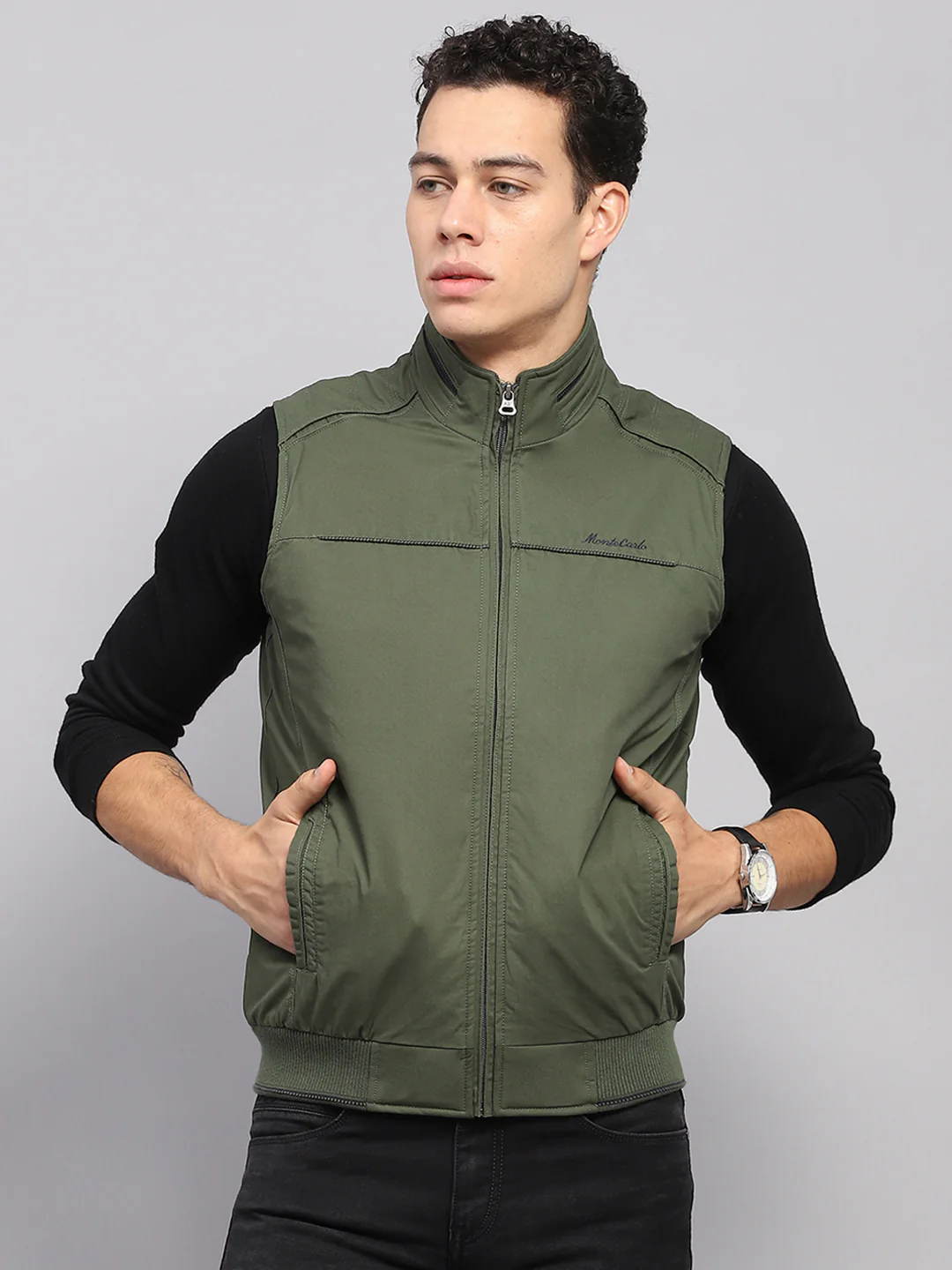 Men Olive Solid Mock Neck Sleeveless Jacket - Image 2