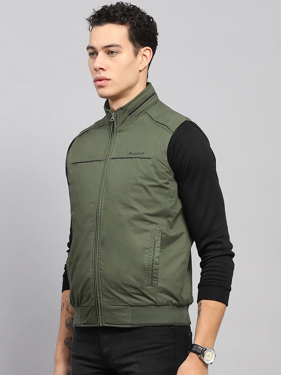 Men Olive Solid Mock Neck Sleeveless Jacket - Image 3