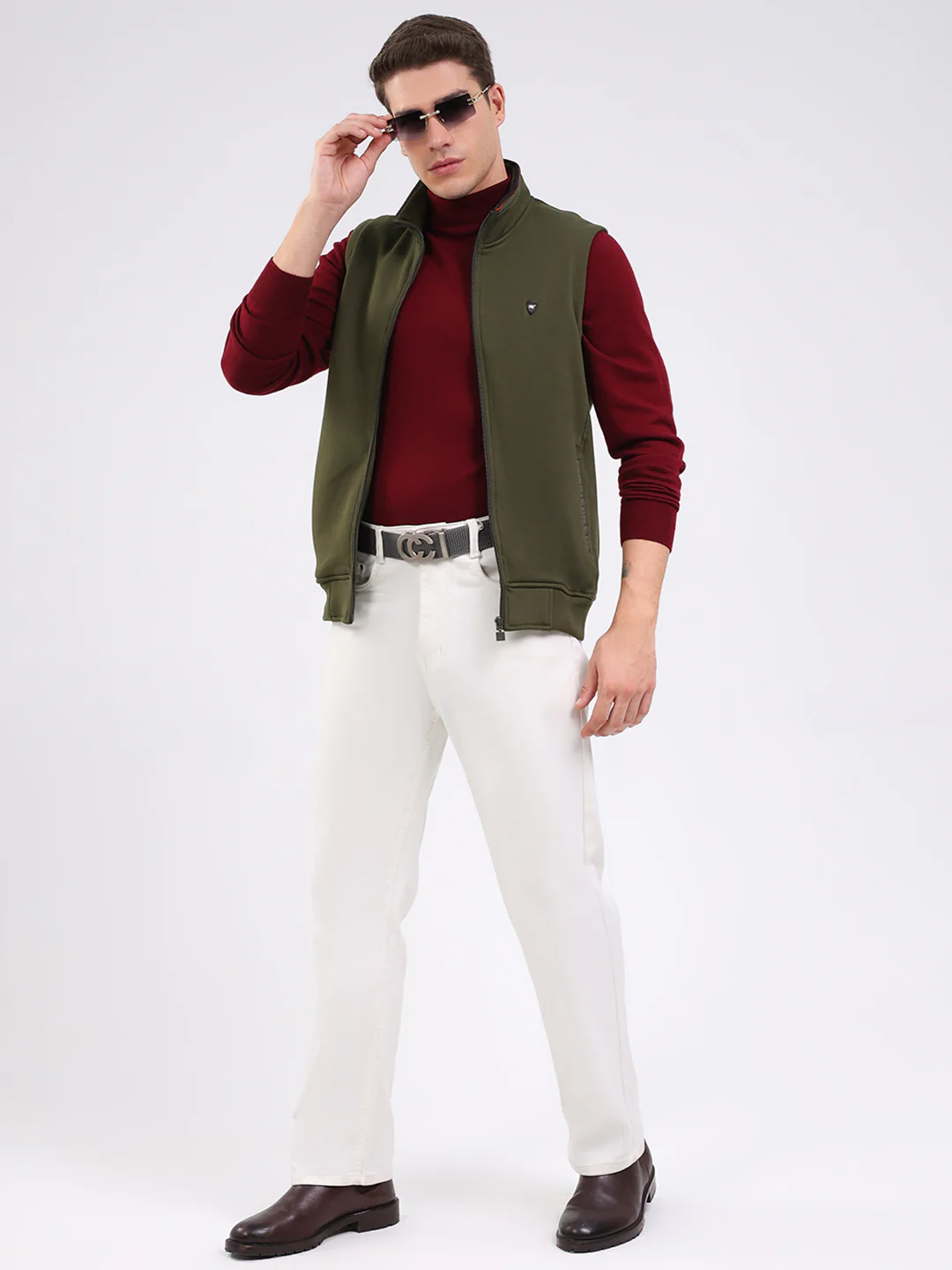 Men Olive Solid Mock Neck Sleeveless Sweatshirt - Image 2