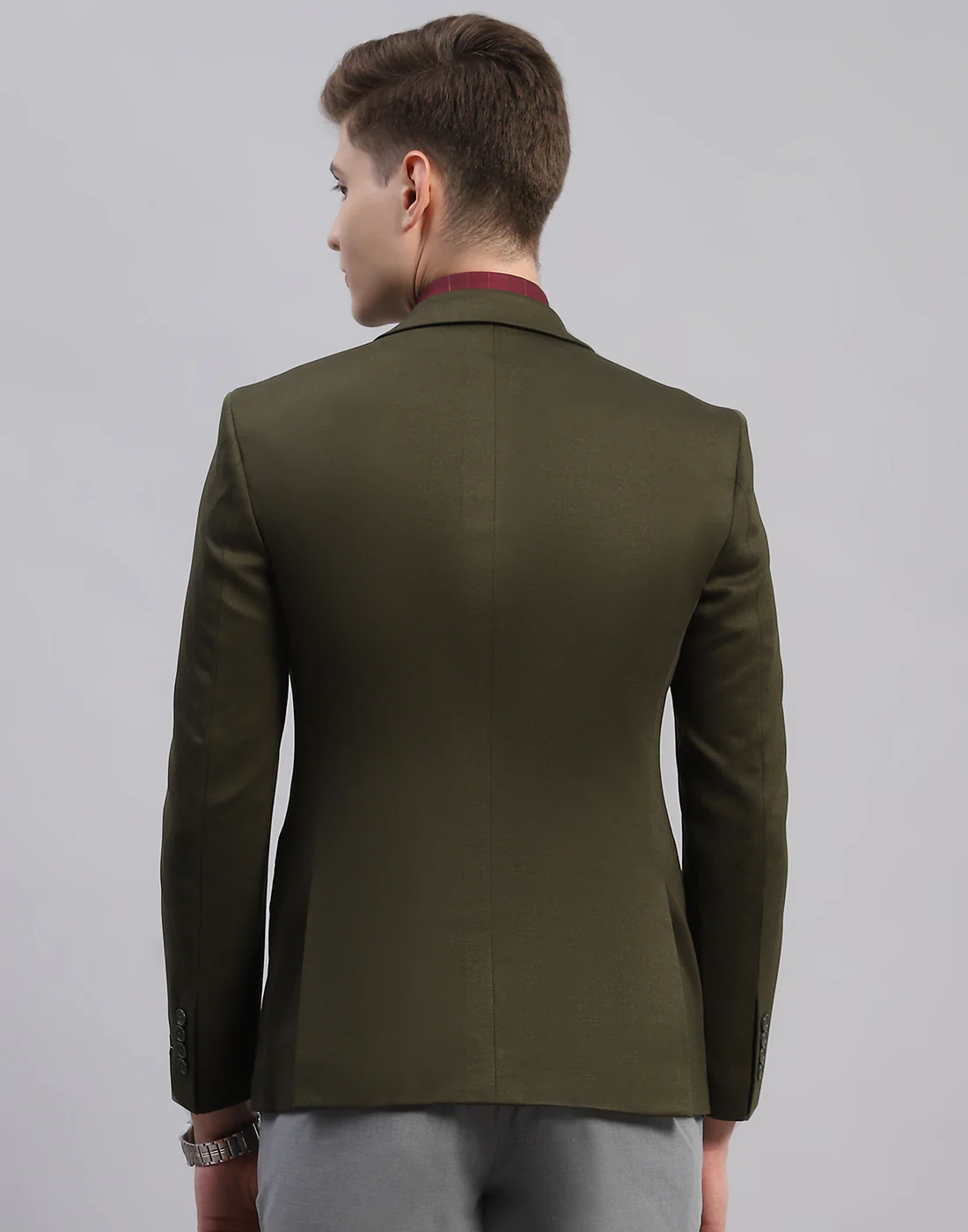 Men Olive Solid Notch Lapel Collar Full Sleeve Blazer - Image 5