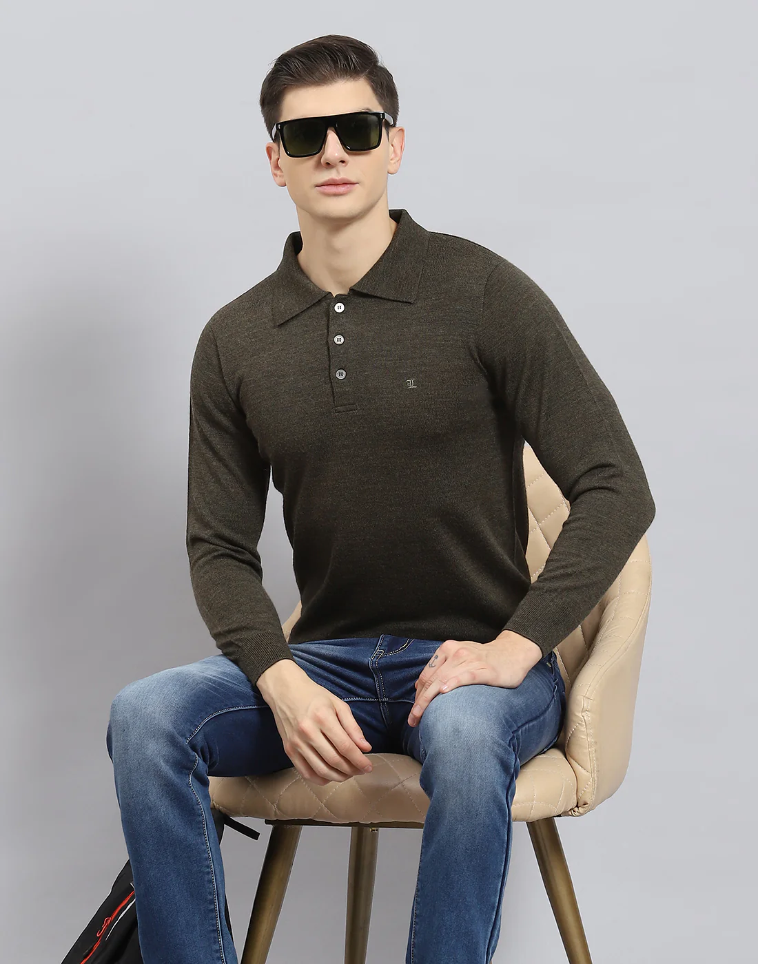 Men Olive Solid Polo Collar Full Sleeve T-Shirt - Image 2