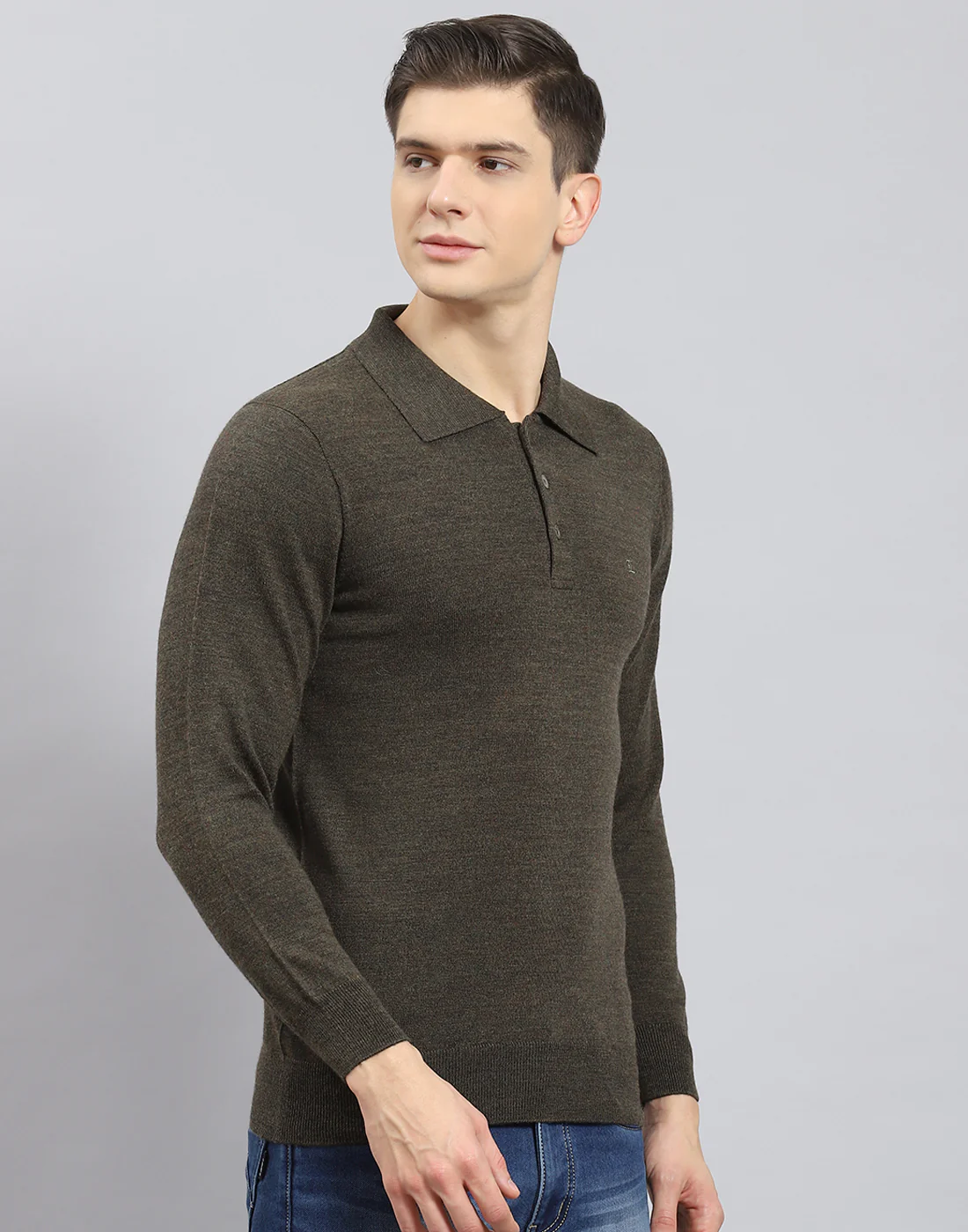 Men Olive Solid Polo Collar Full Sleeve T-Shirt - Image 6