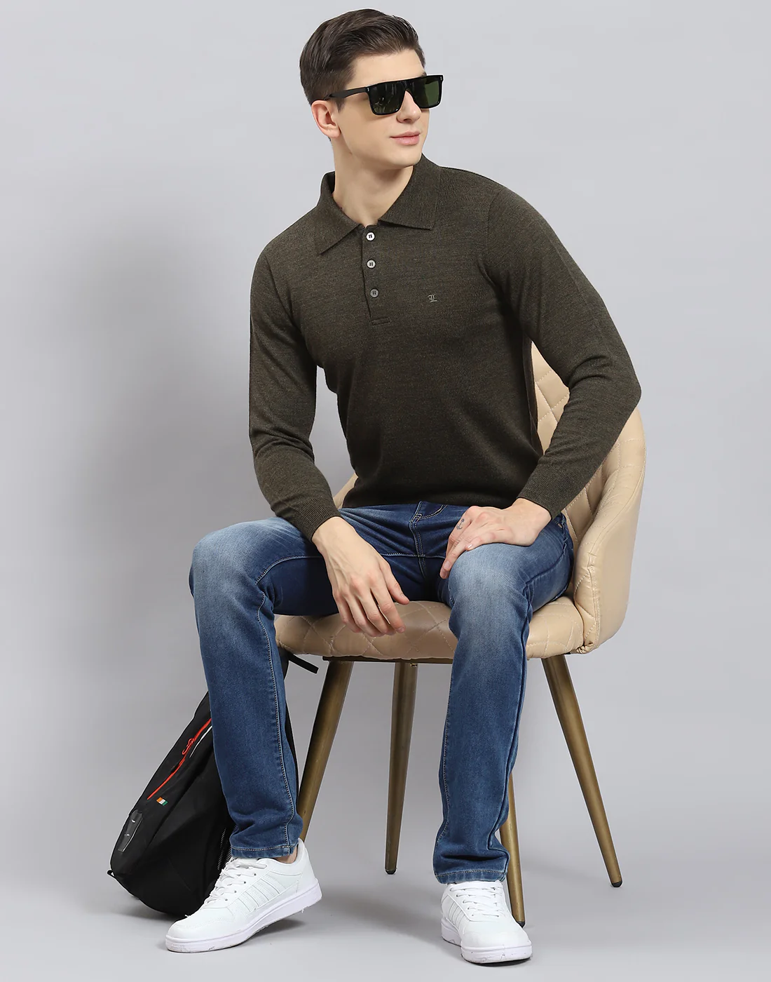 Men Olive Solid Polo Collar Full Sleeve T-Shirt - Image 7