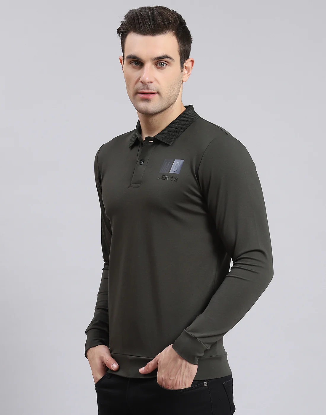 Men Olive Solid Polo Collar Full Sleeve T-Shirt - Image 3