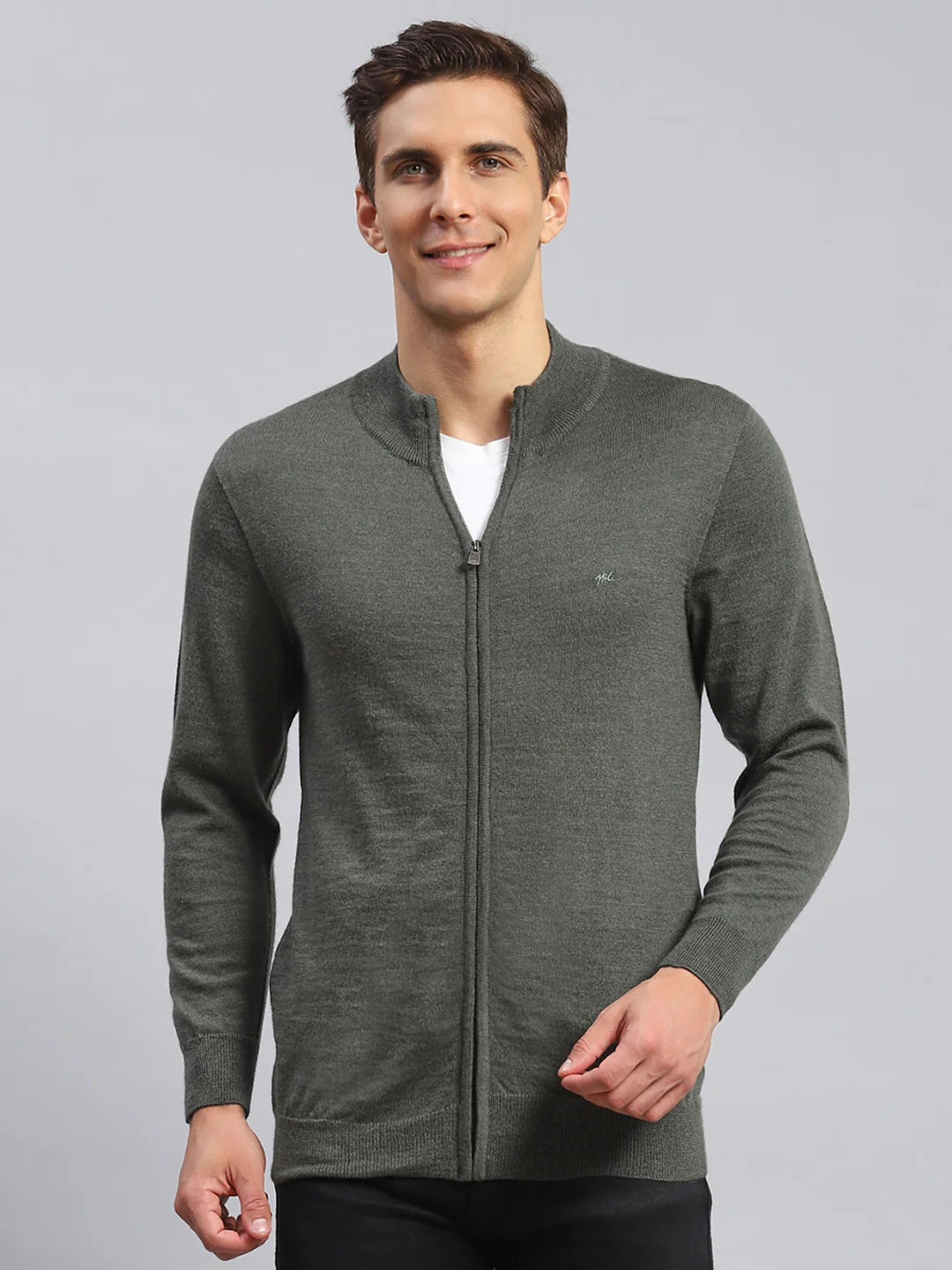 Men Olive Solid Pure wool Pullover - Image 2