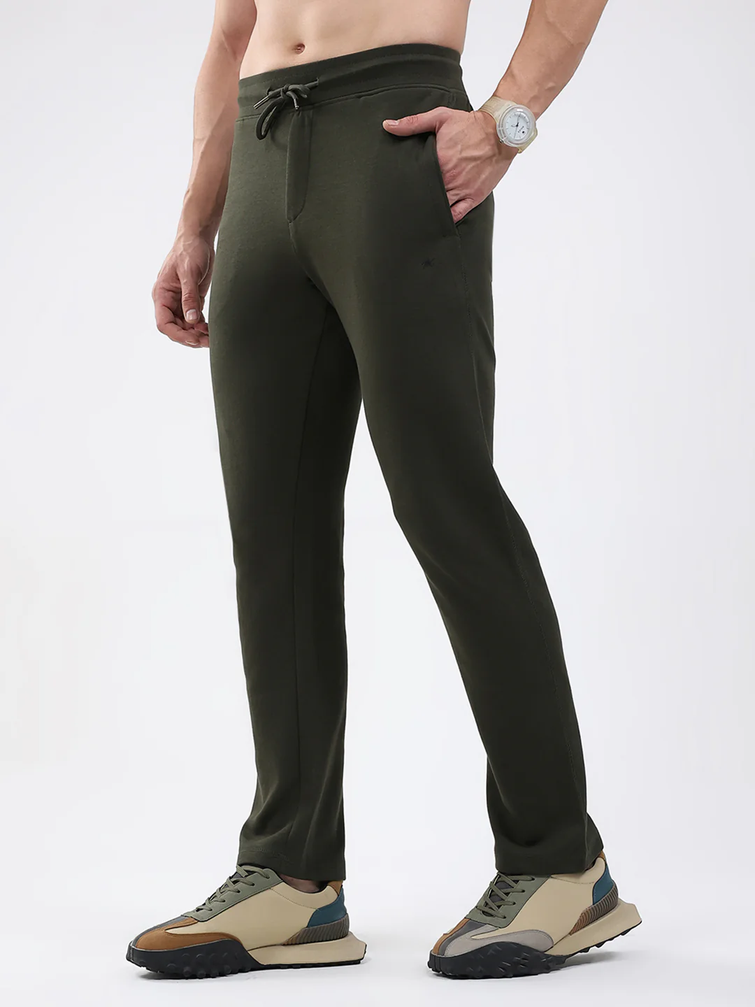 Men Olive Solid Regular Fit Lower - Image 3