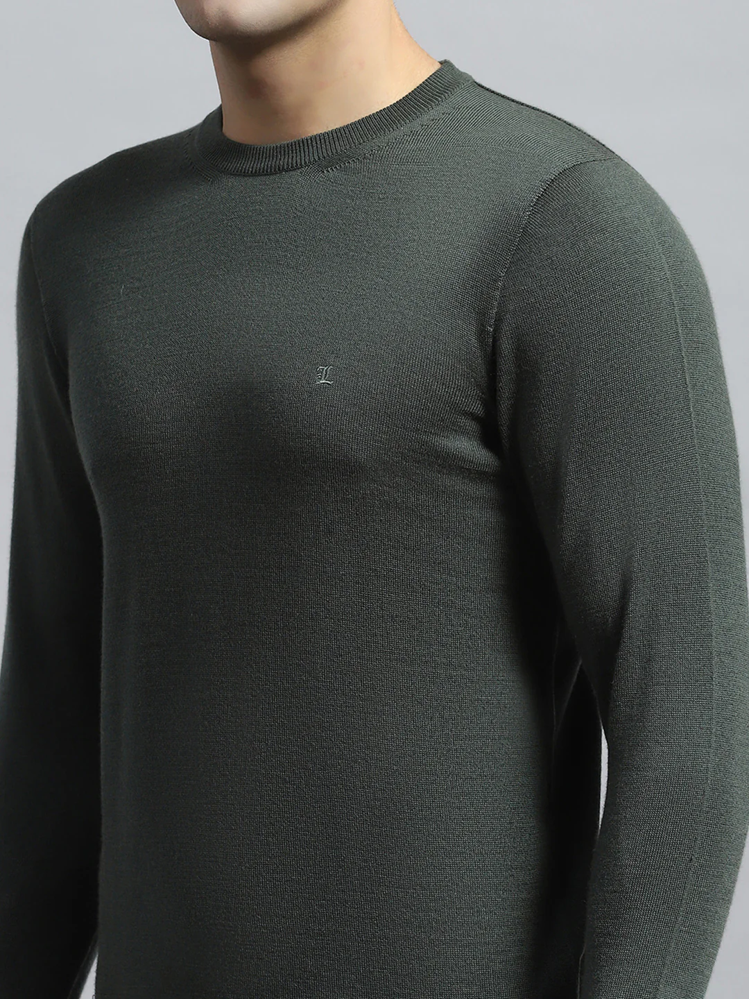 Luxuria Men Olive Solid Round Neck Full Sleeve Pullover - Image 7