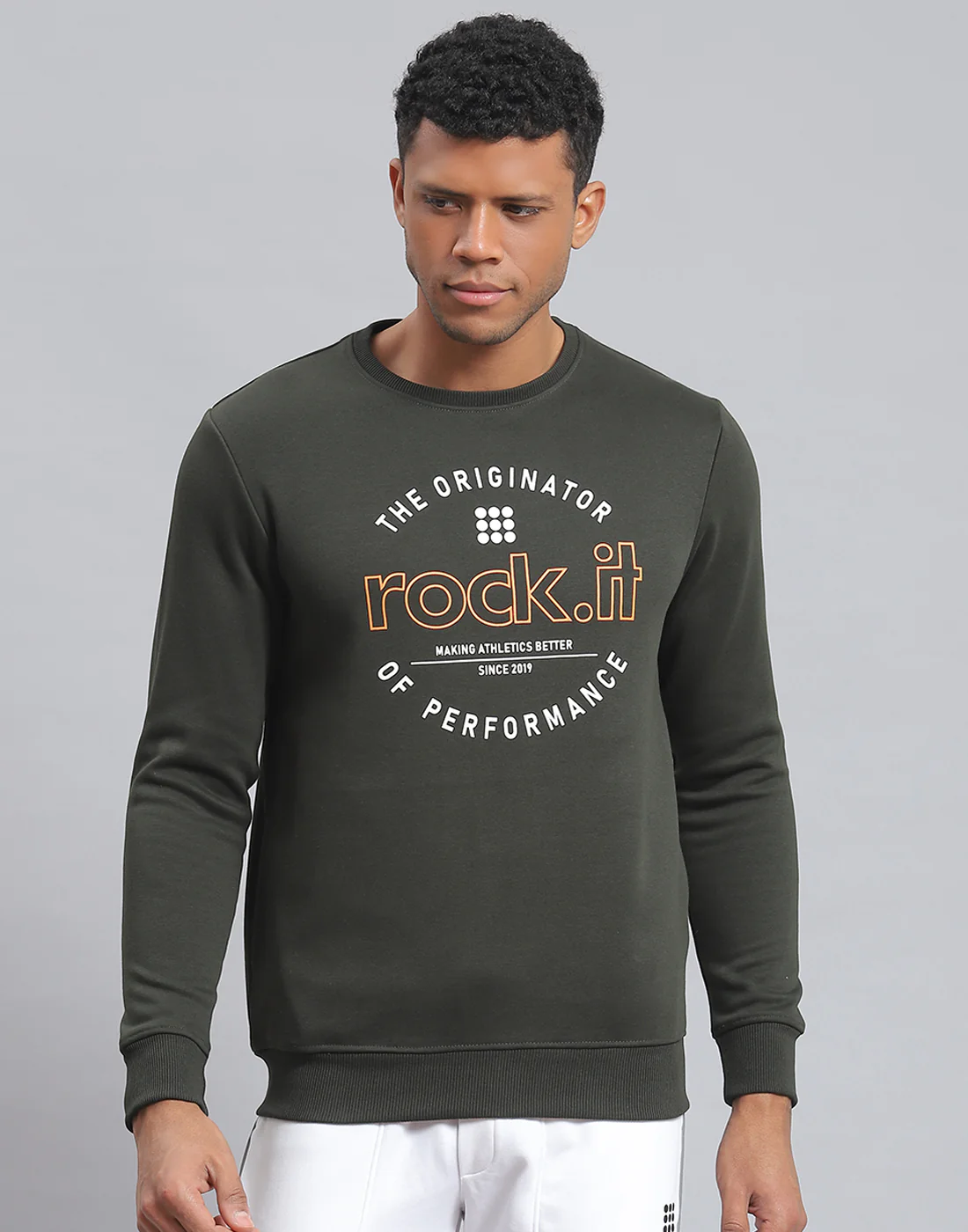 Rock.it Men Olive Solid Round Neck Full Sleeve Sweatshirt - Image 3