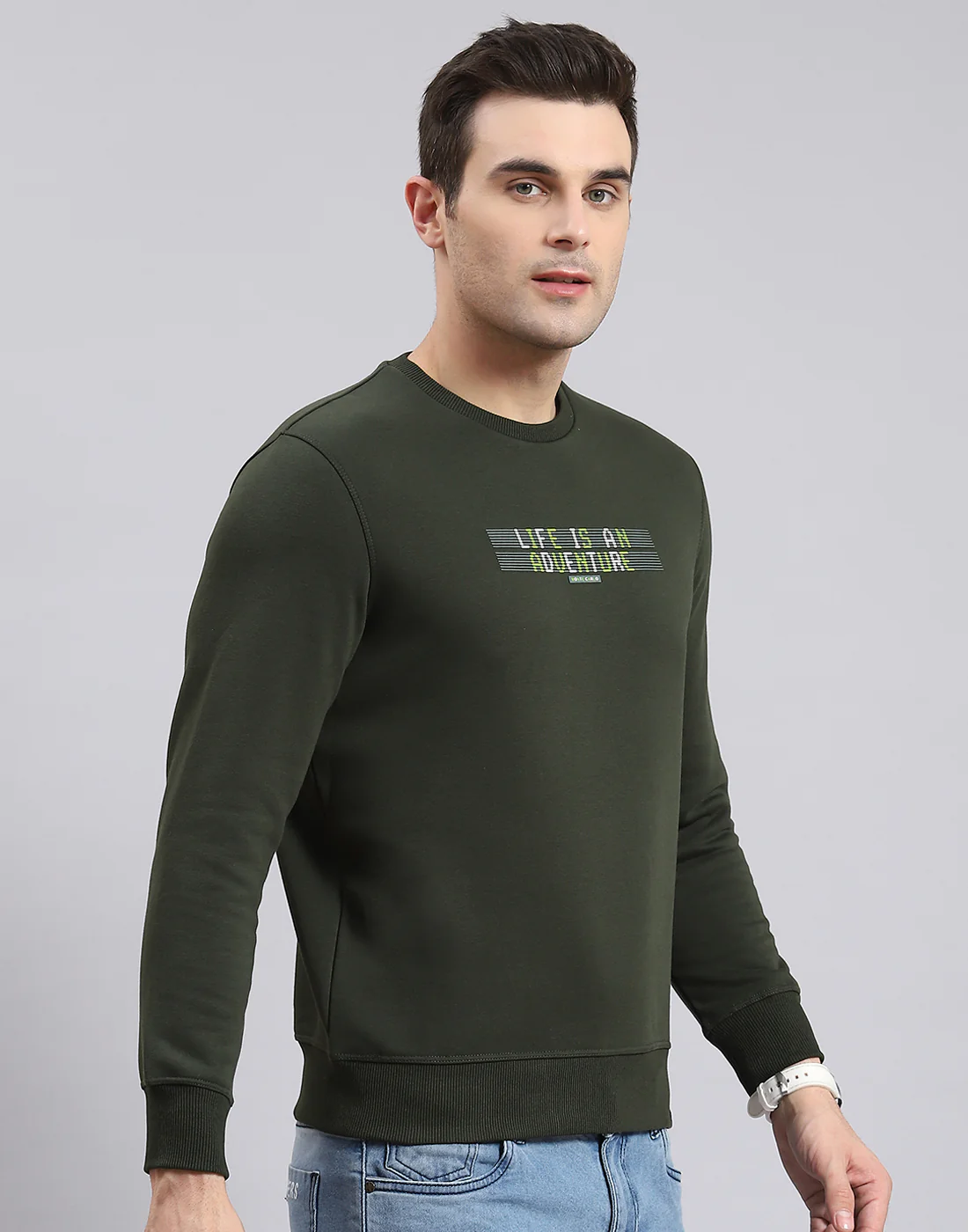 Men Olive Solid Round Neck Full Sleeve Sweatshirt - Image 4