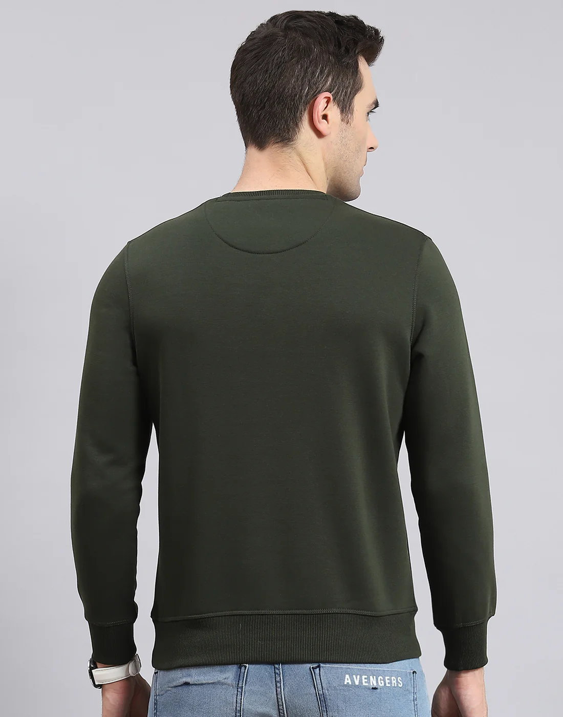 Men Olive Solid Round Neck Full Sleeve Sweatshirt - Image 6