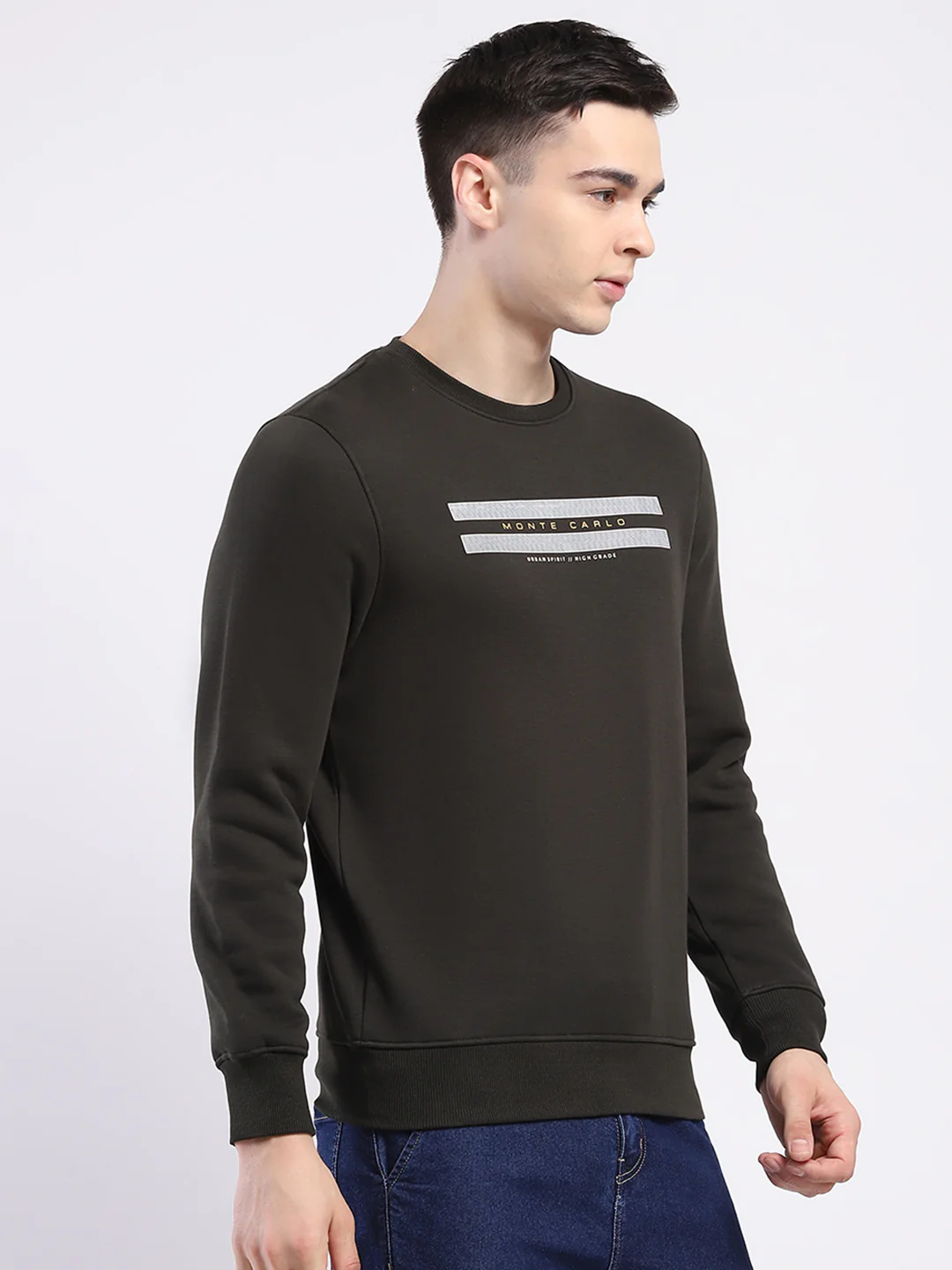 Men Olive Solid Round Neck Full Sleeve Sweatshirt - Image 4