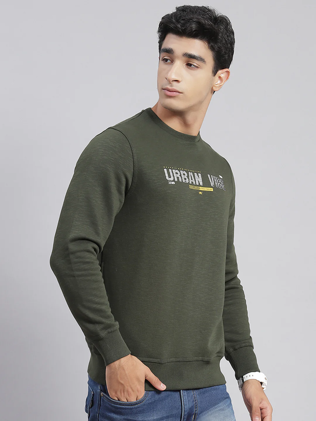 Men Olive Solid Round Neck Full Sleeve Sweatshirts - Image 4
