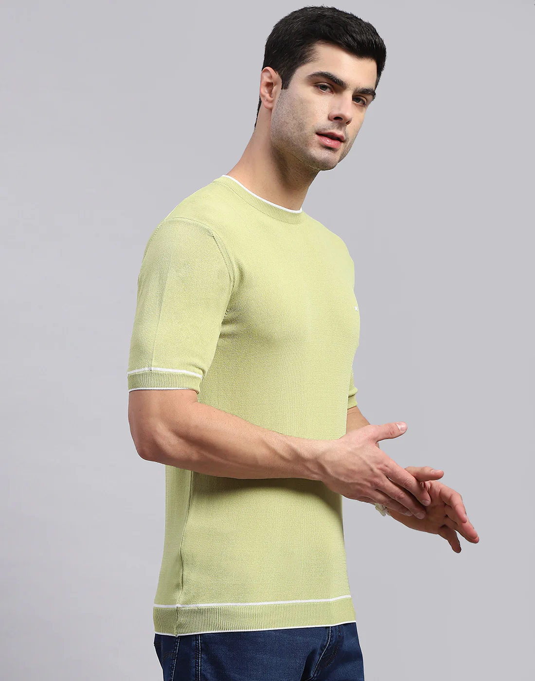 Men Olive Solid Round Neck Half Sleeve T-Shirt - Image 4