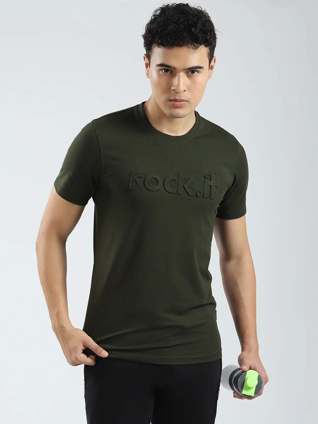 Rock.it Men Olive Solid Round Neck Half Sleeve T-Shirt - Image 6