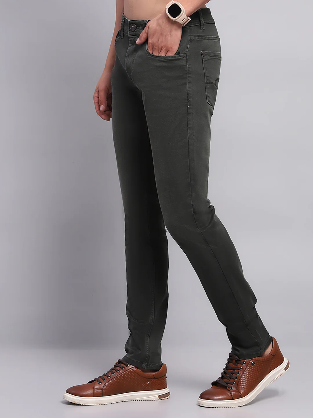 Men Olive Solid Skinny Fit Denim - Image 3