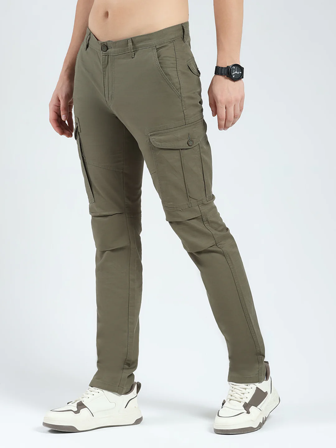 Men Olive Solid Slim Fit Cargo - Image 3