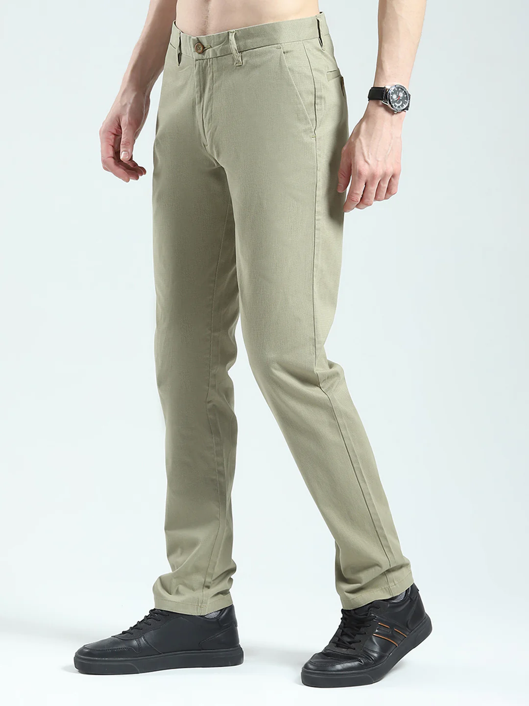 Men Olive Solid Slim Fit Trouser - Image 3