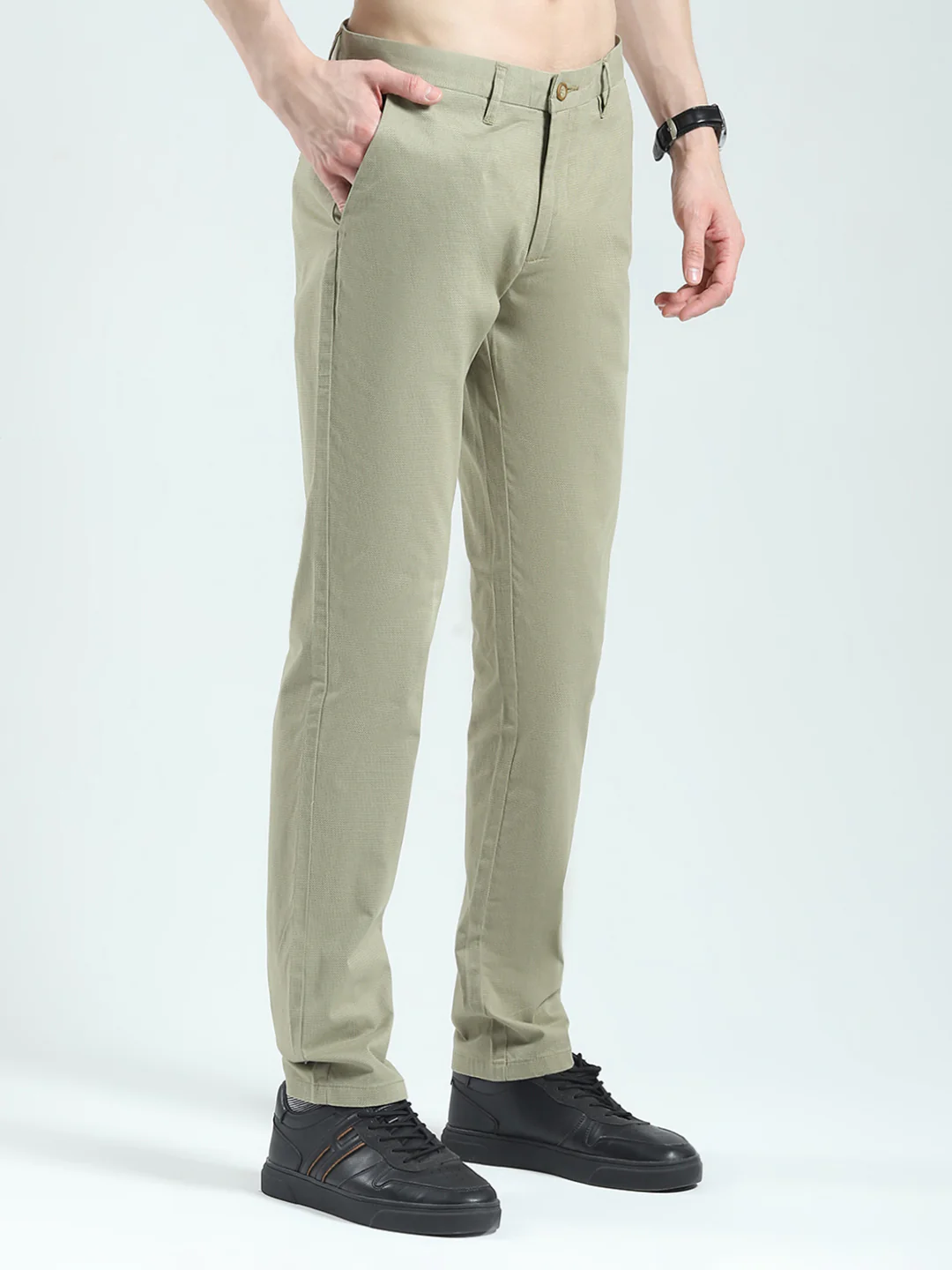 Men Olive Solid Slim Fit Trouser - Image 4