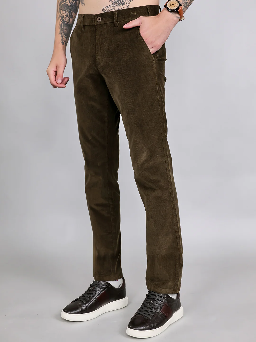 Men Olive Solid Slim Fit Trouser - Image 5