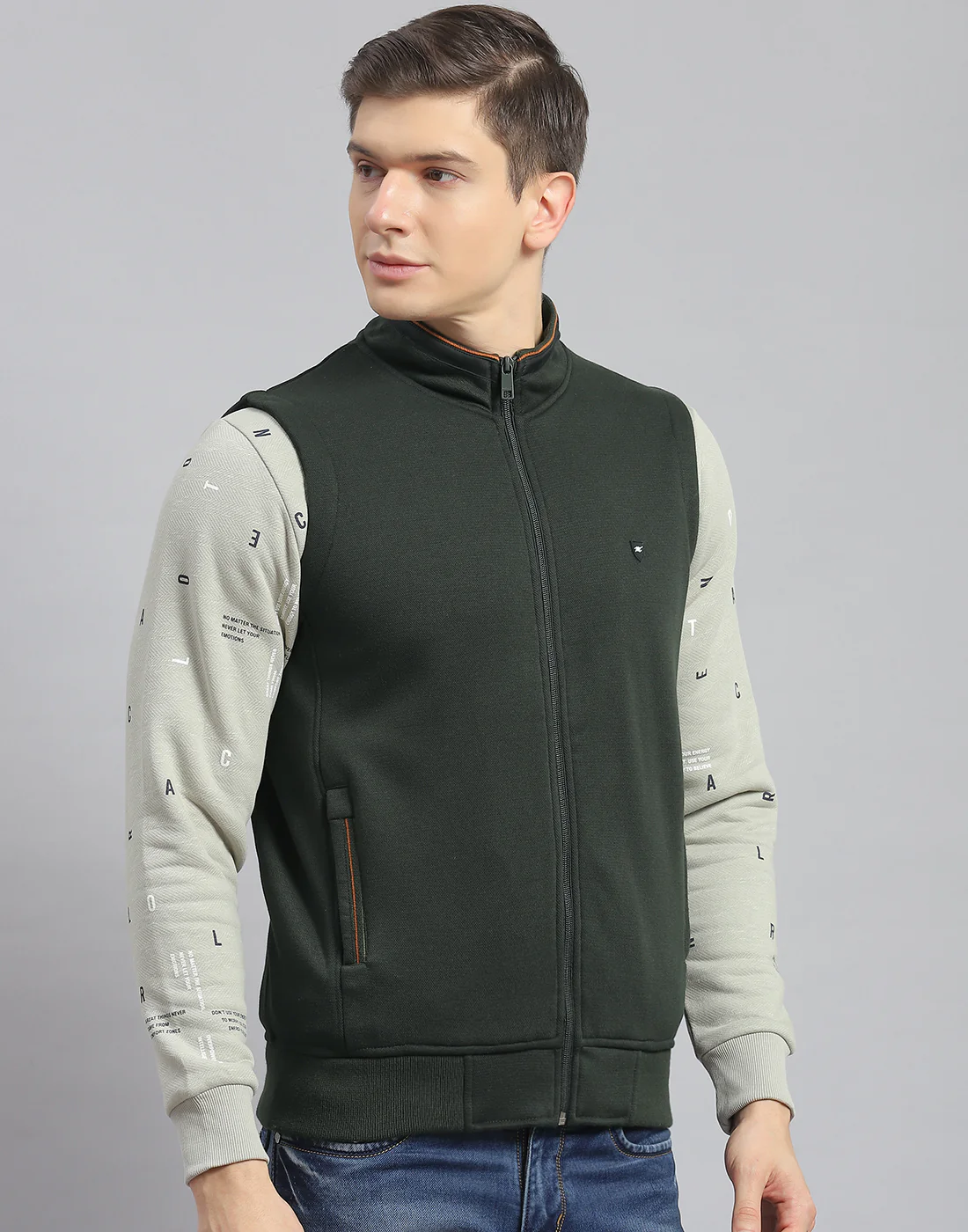 Men Olive Solid Stand Collar Sleeveless Jacket - Image 4