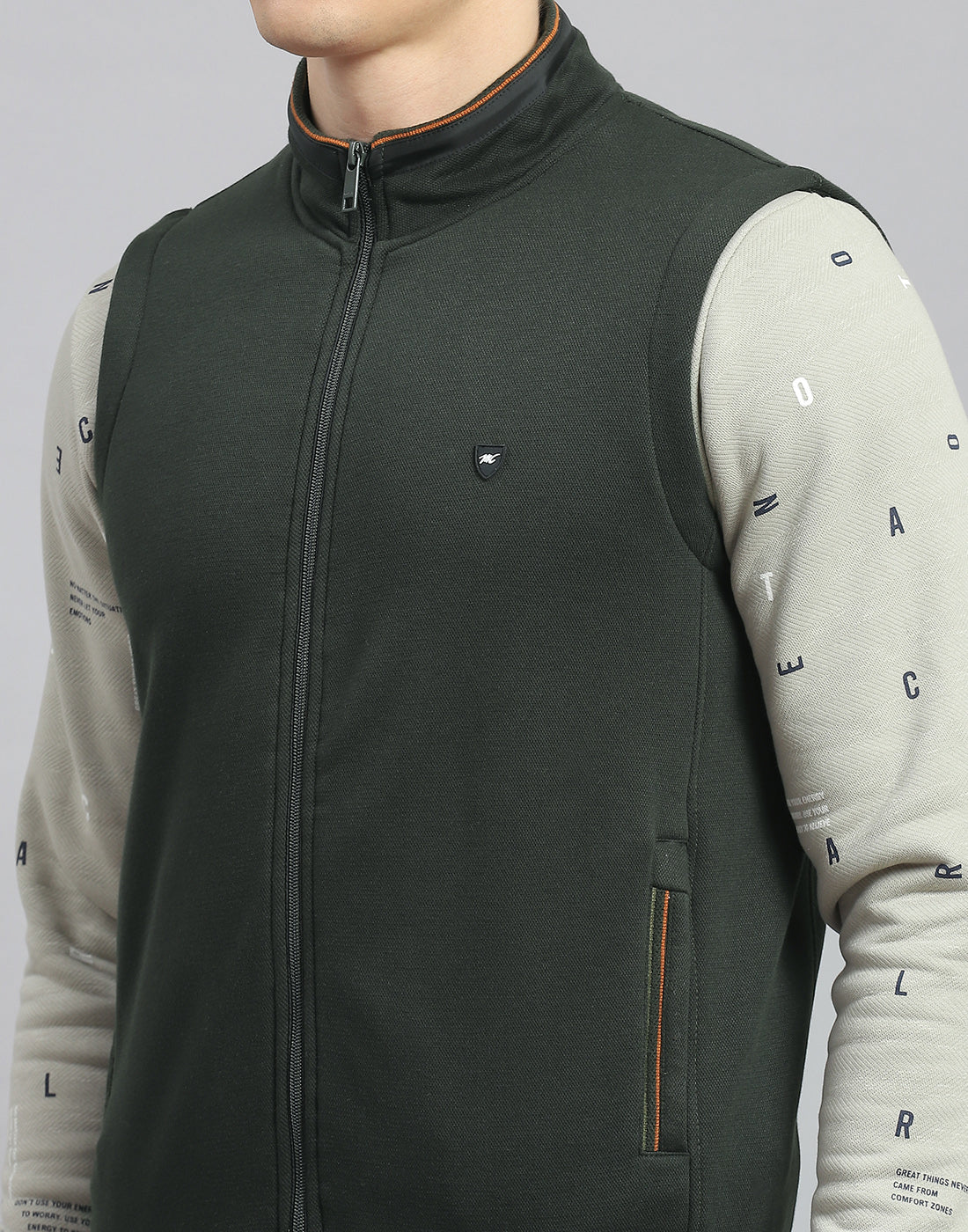 Men Olive Solid Stand Collar Sleeveless Jacket - Image 6