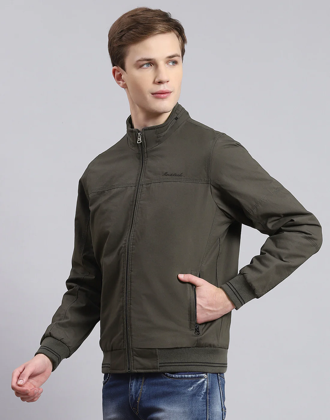 Men Olive Solid Stand Collar Full Sleeve Jacket - Image 3
