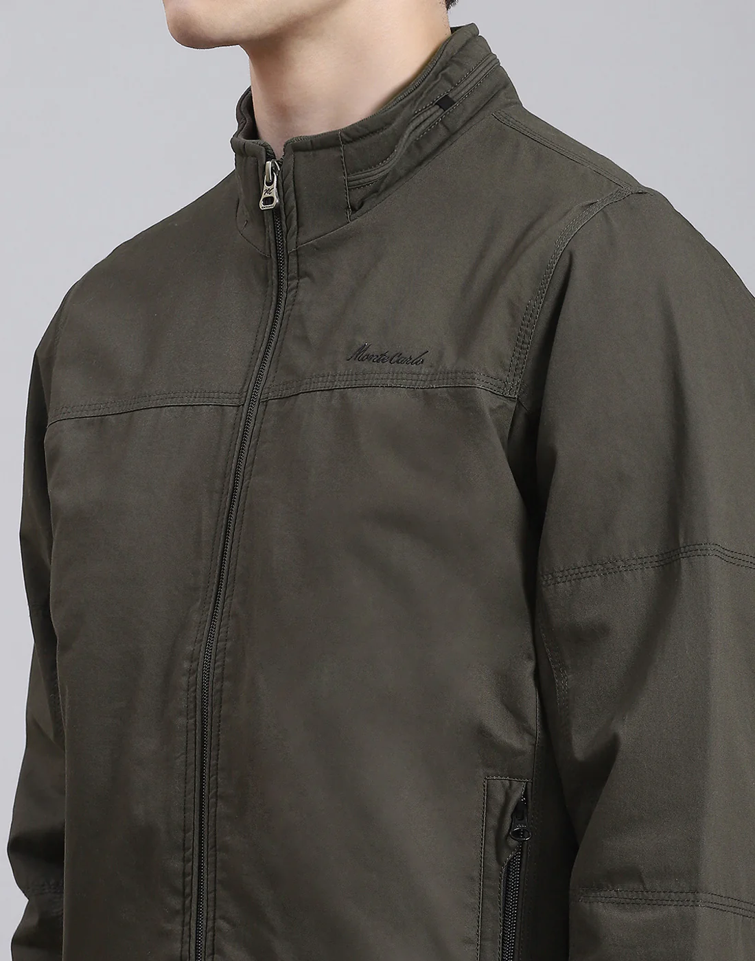 Men Olive Solid Stand Collar Full Sleeve Jacket - Image 6
