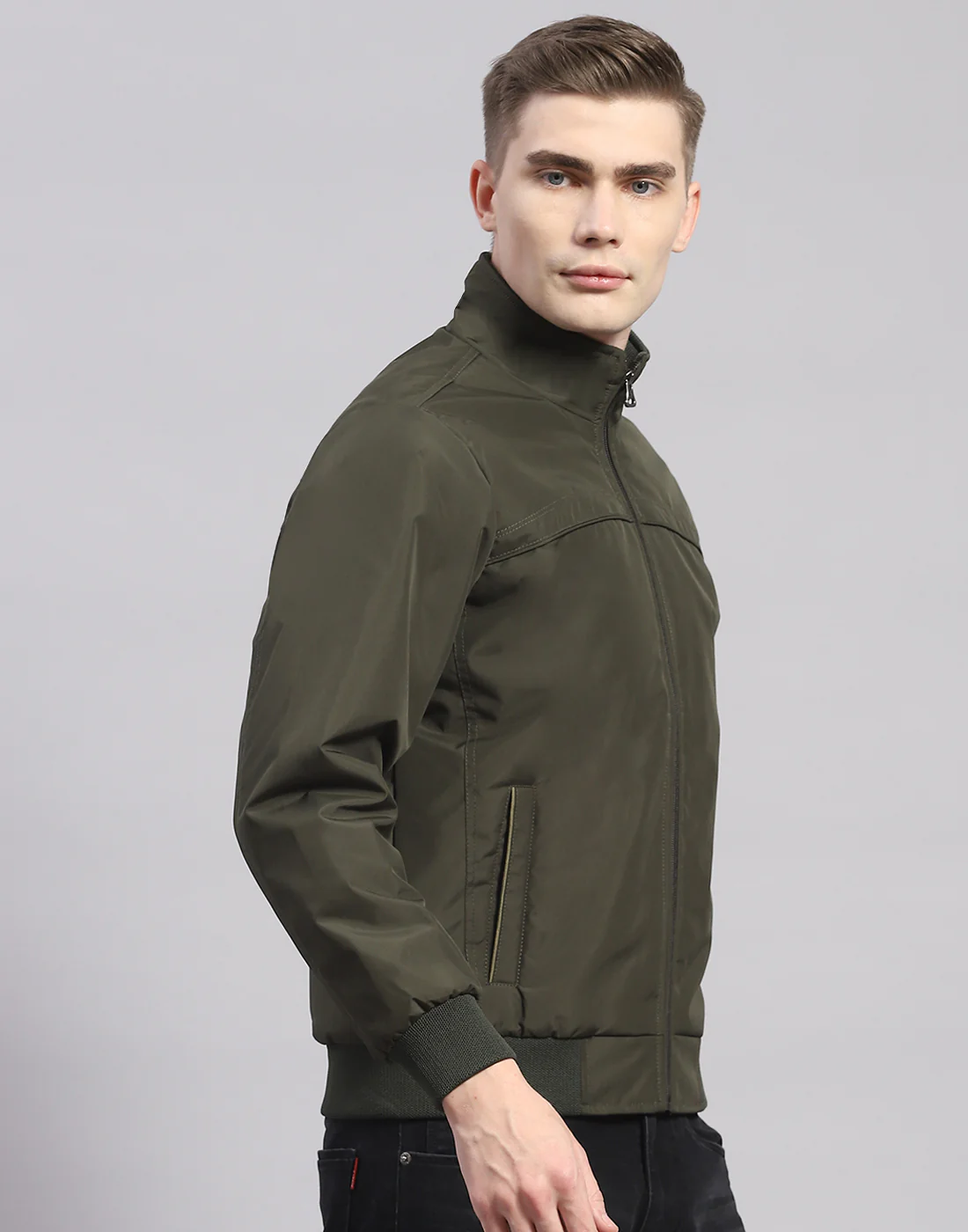Men Olive Solid Stand Collar Full Sleeve Jacket - Image 4