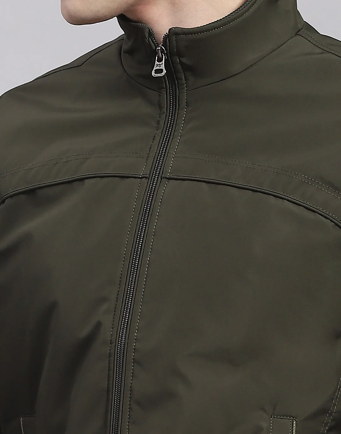 Men Olive Solid Stand Collar Full Sleeve Jacket - Image 6