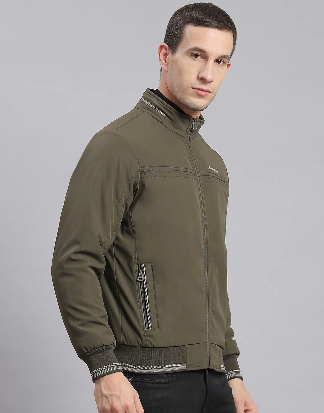 Men Olive Solid Stand Collar Full Sleeve Jacket - Image 4
