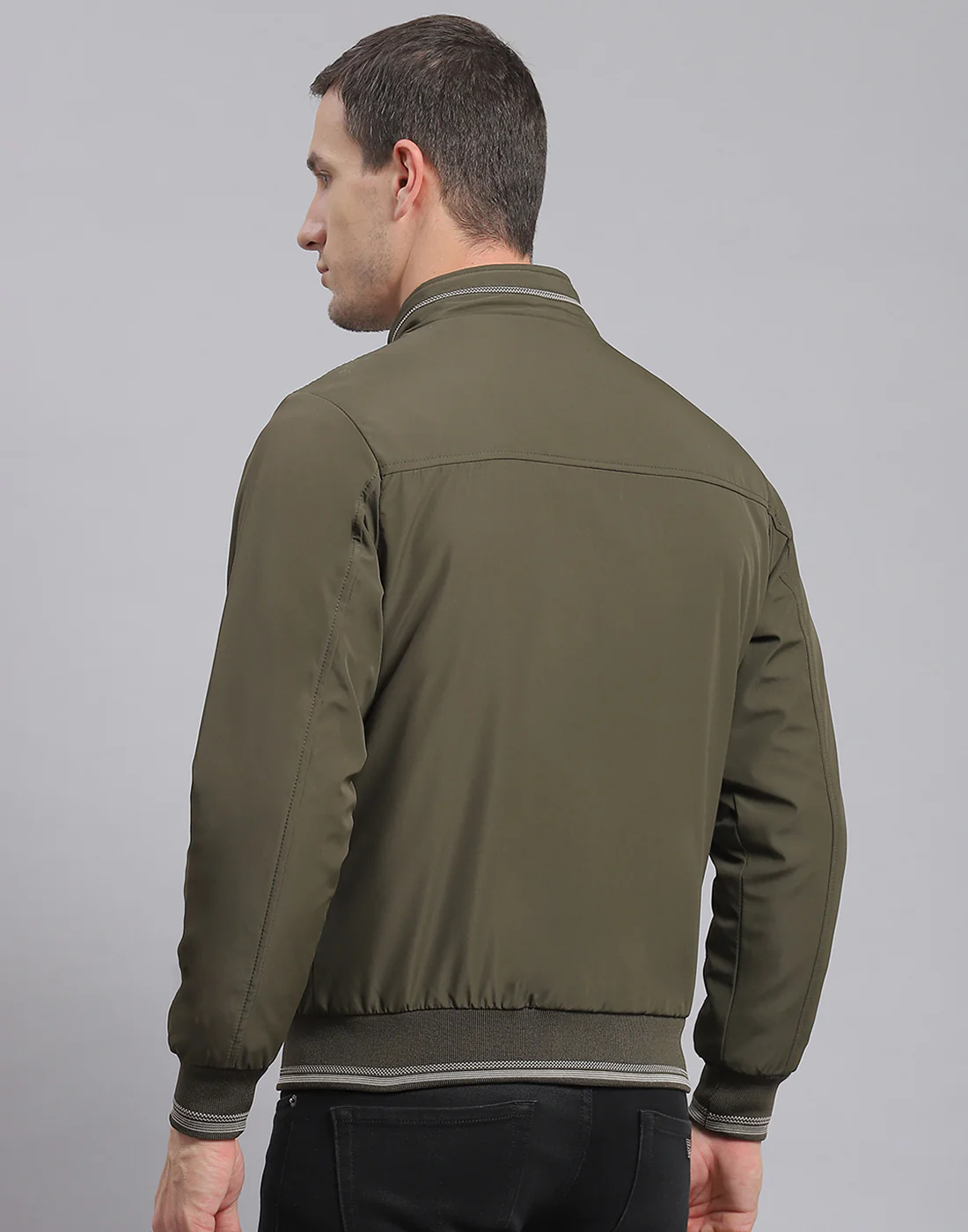 Men Olive Solid Stand Collar Full Sleeve Jacket - Image 6