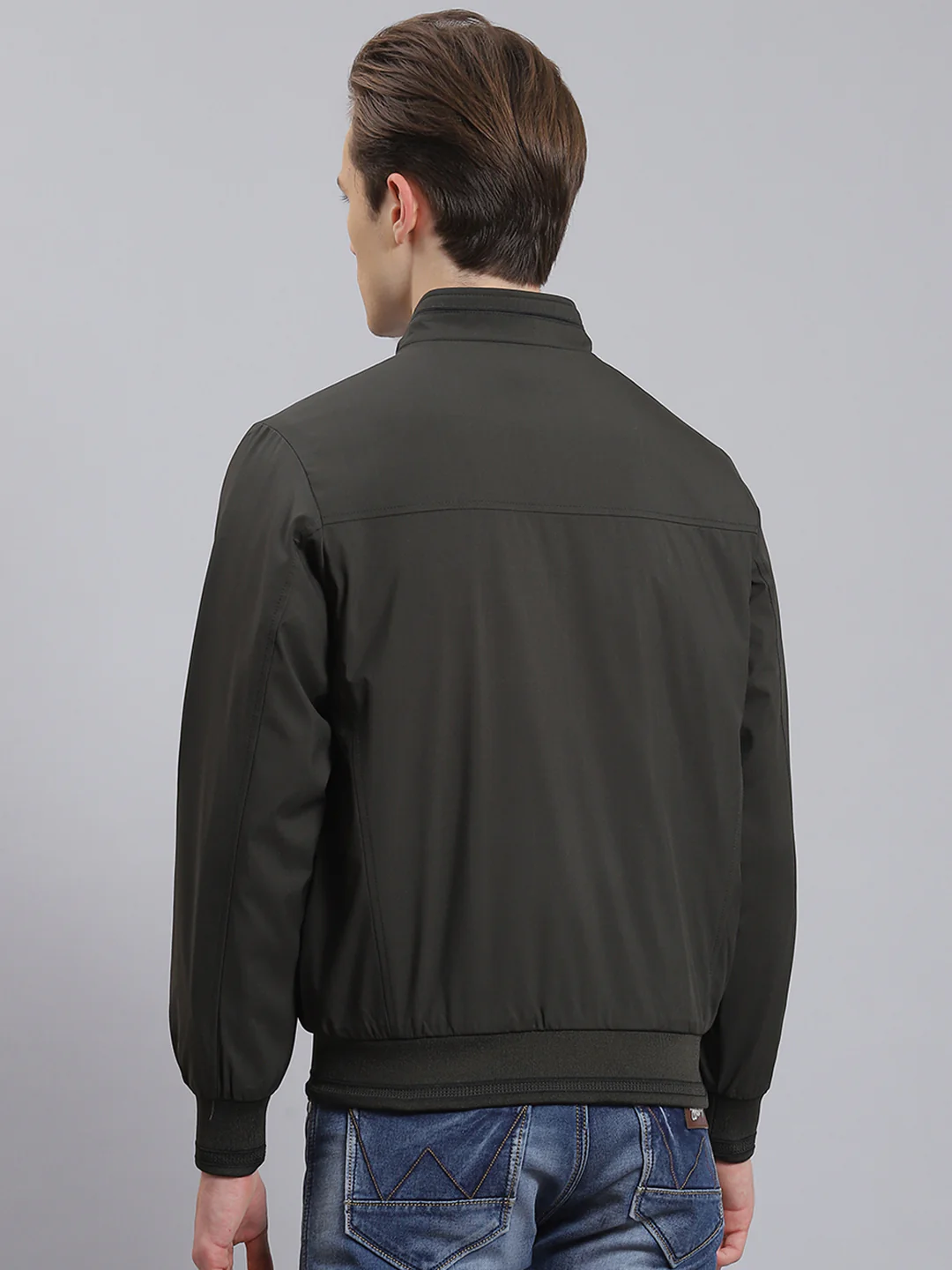 Men Olive Solid Stand Collar Full Sleeve Jacket - Image 4