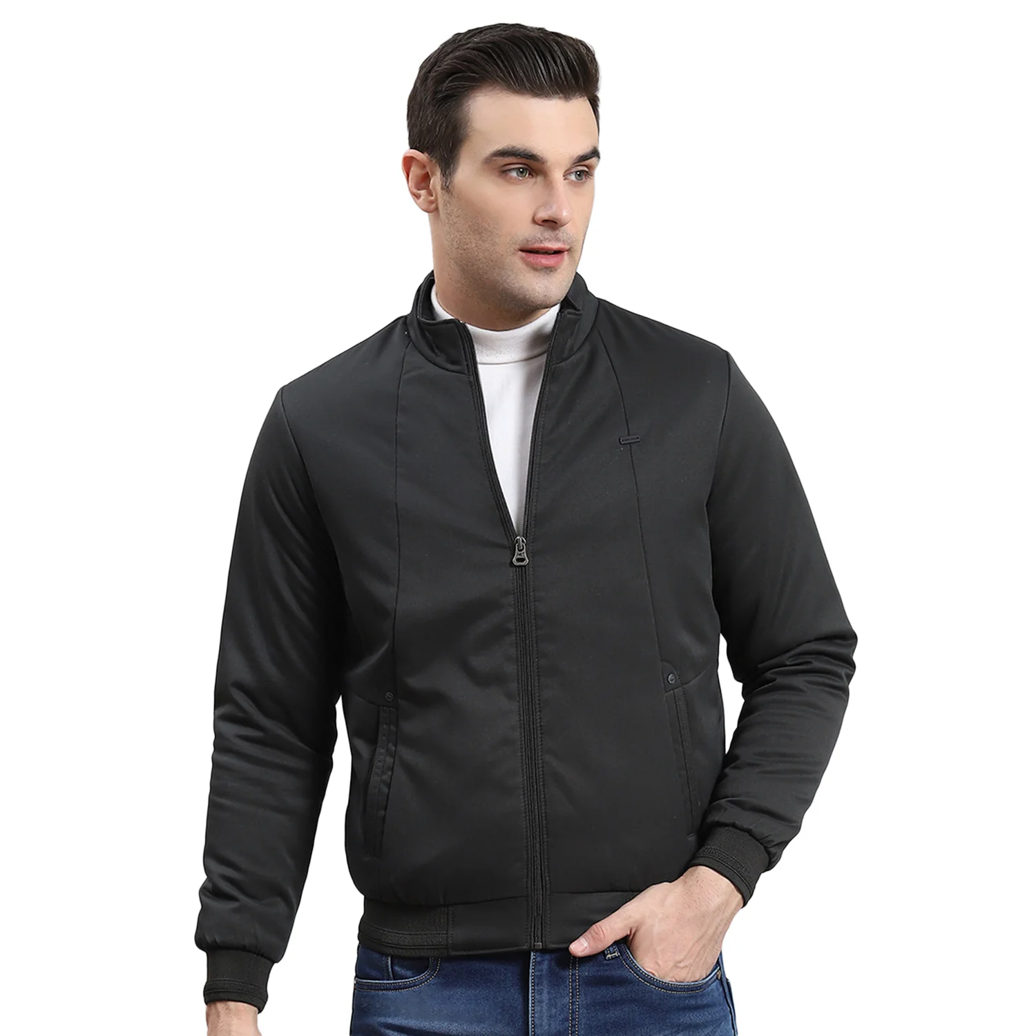 Men Olive Solid Stand Collar Full Sleeve Jacket - Image 5