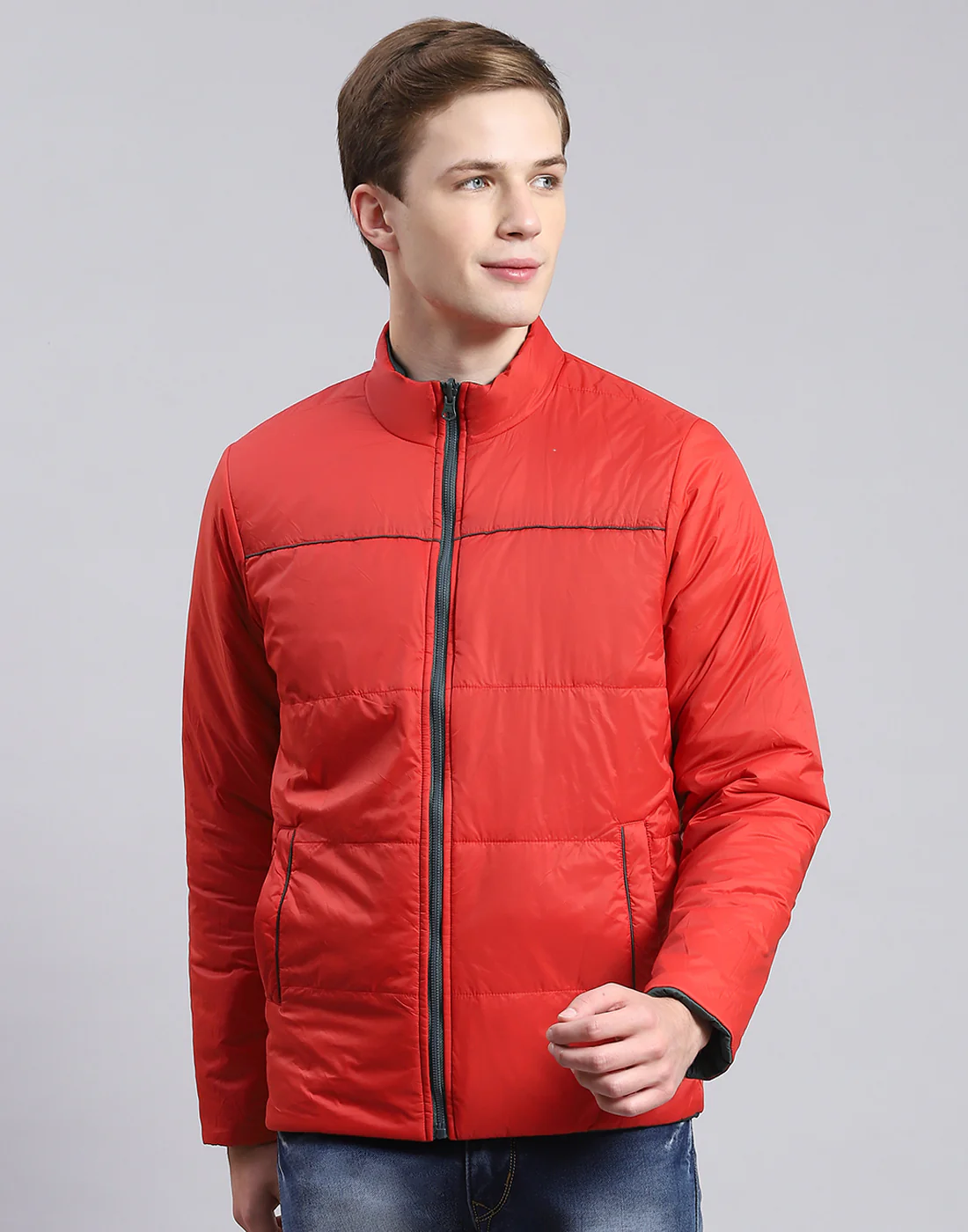 Men Olive Solid Stand Collar Full Sleeve Jacket - Image 2