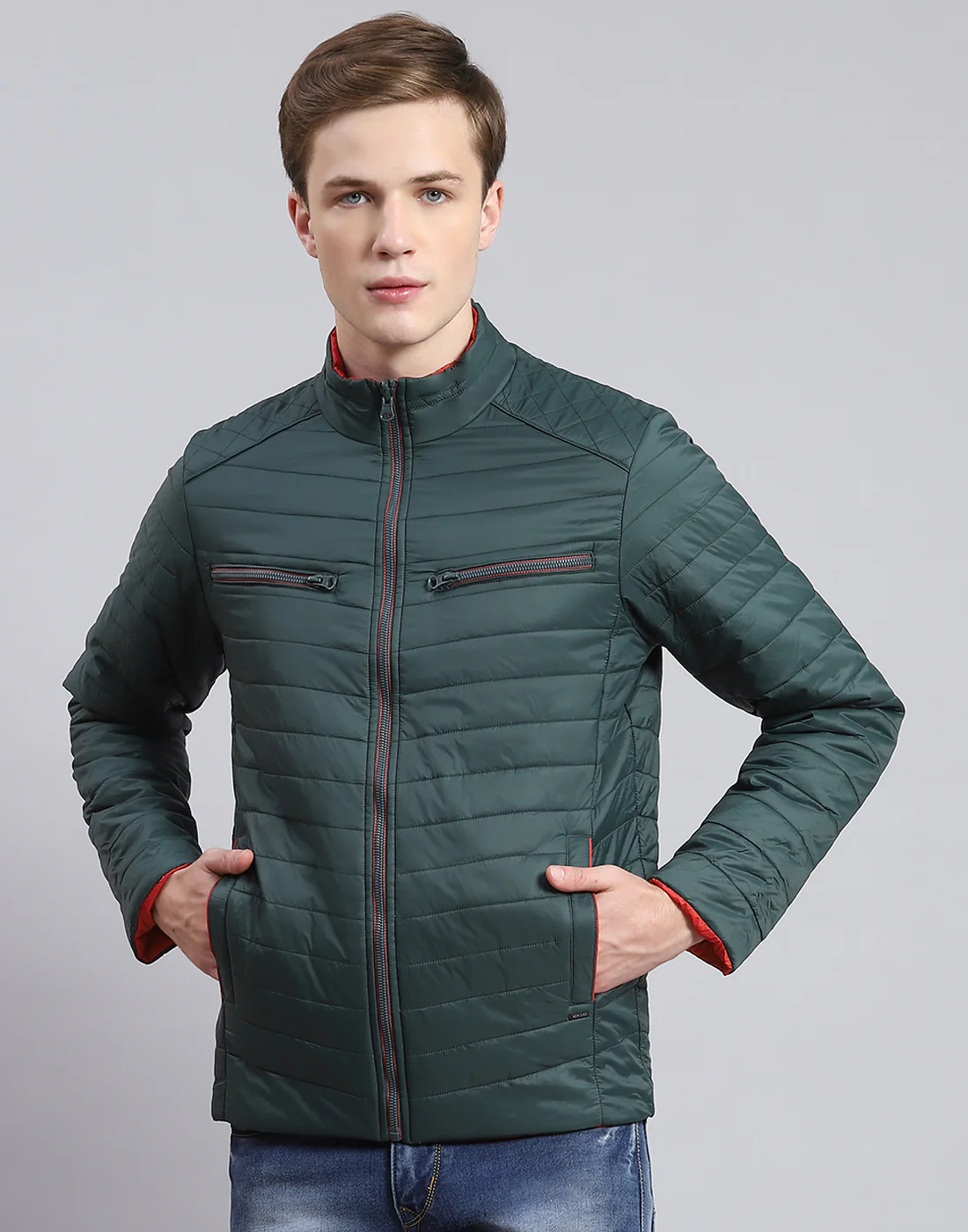 Men Olive Solid Stand Collar Full Sleeve Jacket - Image 4