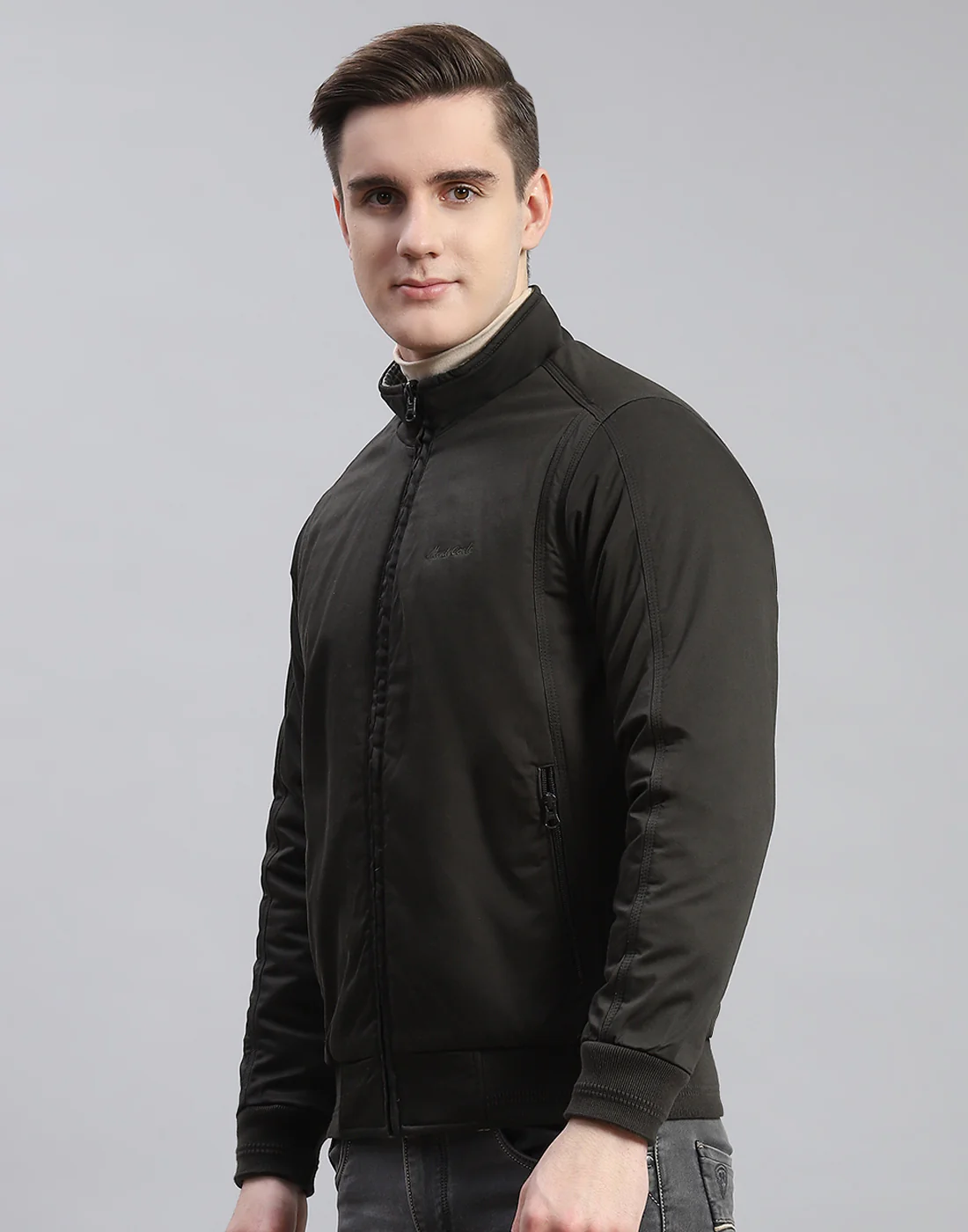 Men Olive Solid Stand Collar Full Sleeve Jacket - Image 3