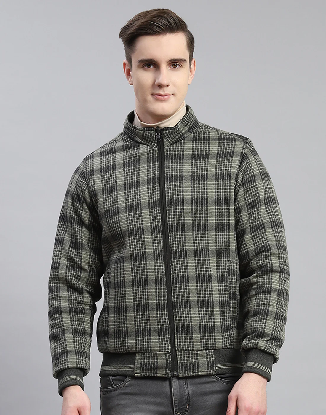 Men Olive Solid Stand Collar Full Sleeve Jacket - Image 6